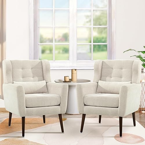 Miniatura 100 de Silla decorativa moderna, sillón tapizado con almohada, sofá individual de tela con asiento de salón y patas de madera, silla decorativa para sala