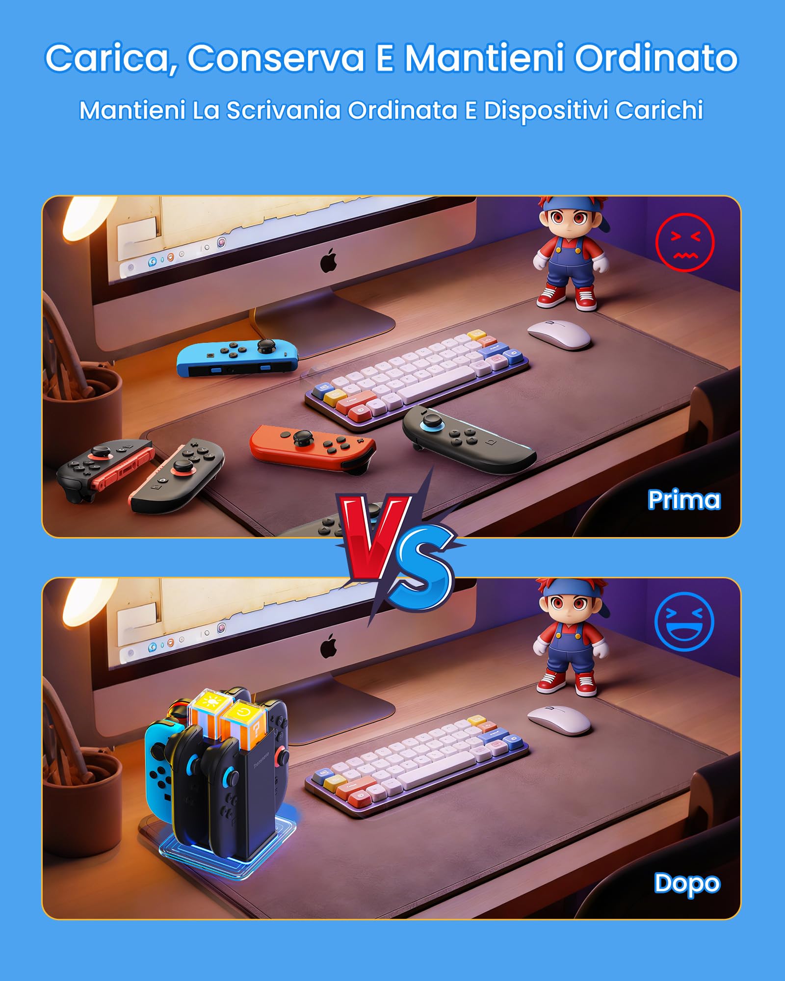 Dock di Ricarica 6-in-1 per Nintendo Switch 2/Switch/OLED, Caricatore Controller Switch con Sistema di Ricarica Doppio Magnetico & a Scorrimento, 9 Modalità RGB & 4 Livelli di Luminosità