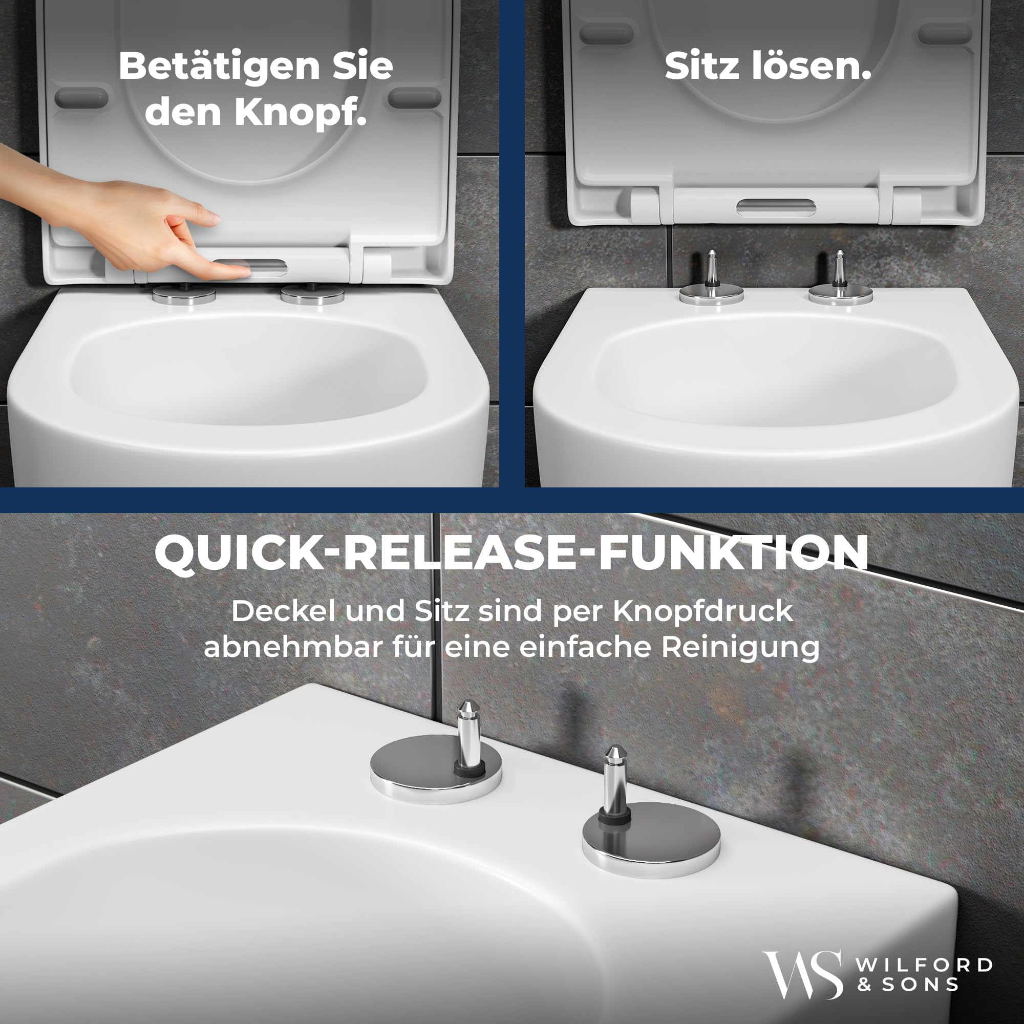 Wilford & Sons PREMIUM Toilettendeckel - WC Sitz mit Absenkautomatik - Klodeckel D-Form weiß - Hochwertige Klobrille, Toilettensitz Klo Deckel abnehmbar, Einfache Reinigung - Toilettenbrille Duroplast