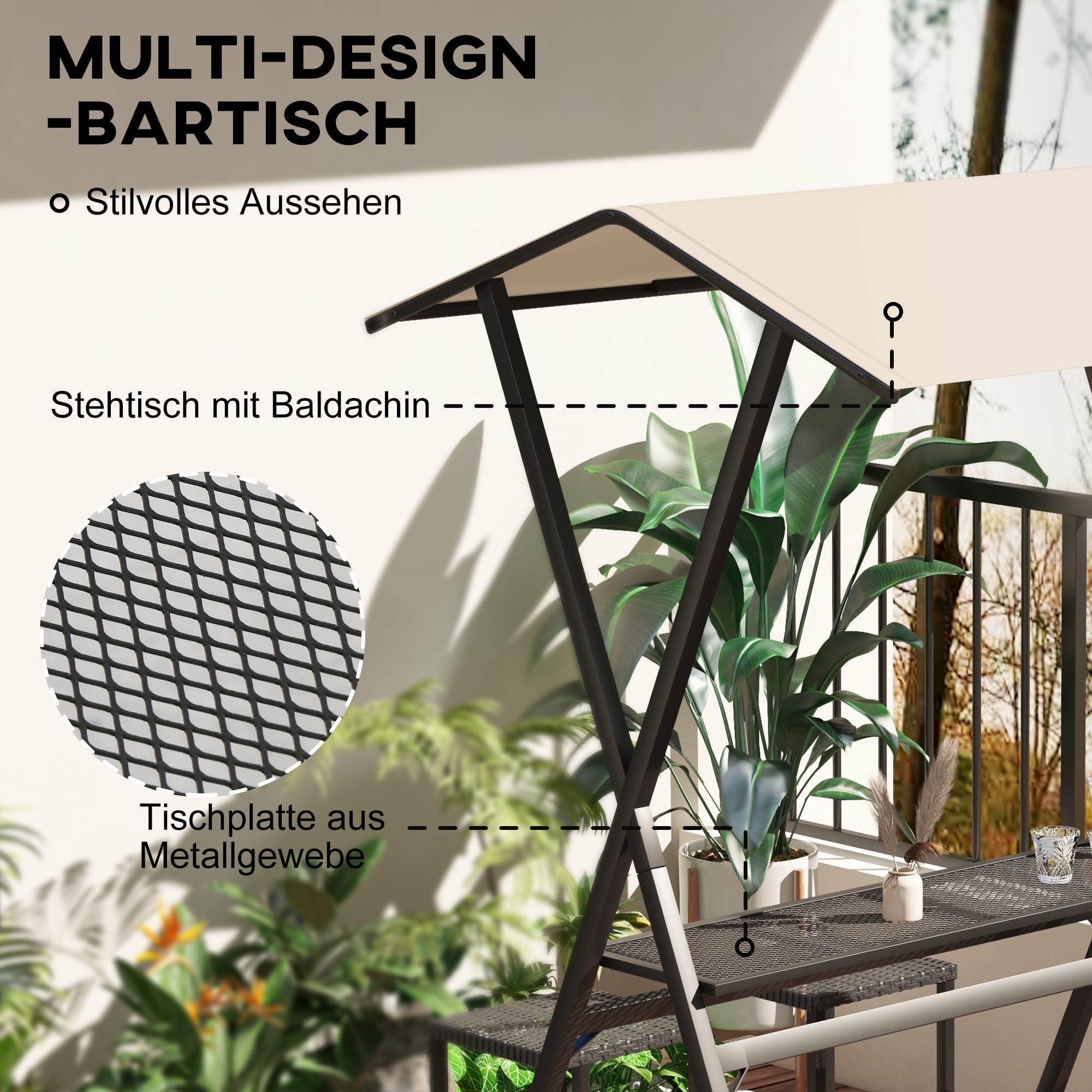 Outsunny Ensemble de bar de jardin en rotin 4 tabourets table haute avec toit acier noir
