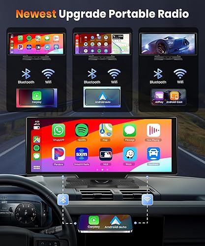 Miniatura 3 de podofo - Estéreo inalámbrico portátil de 10.26 pulgadas, pantalla táctil portátil para automóvil Apple Carplay, compatible con manos libres