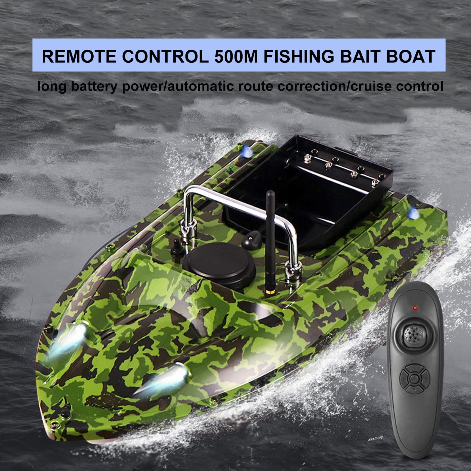 Barchino Carpfishing, Barca Esca da Pesca con Naviga a velocità Fissa Telecomandata 500 M, Cercatore di Pesci da Pesca con Doppio Motore e Luce Notturna a LED,Verde,5200mAh