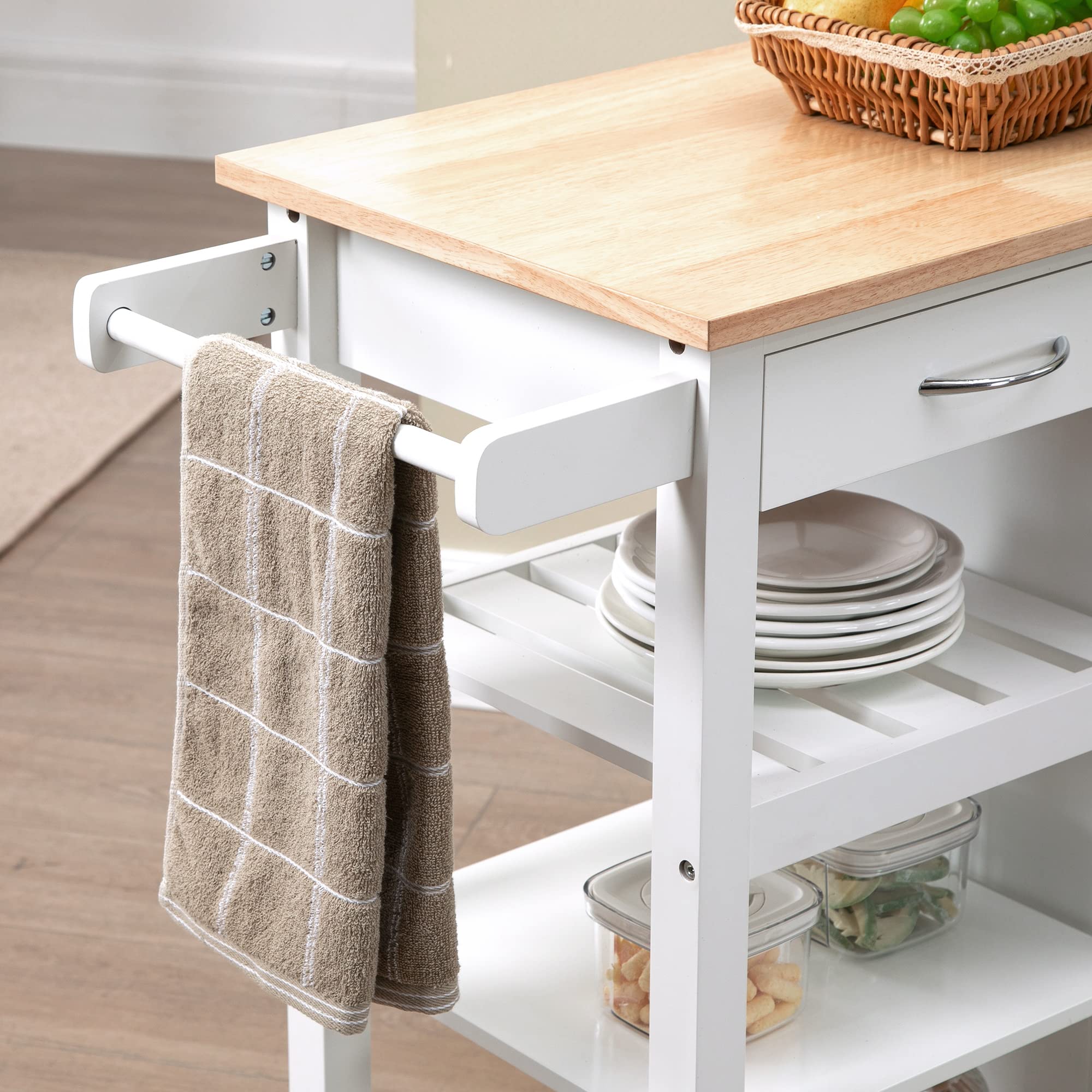 HOMCOM Carrello da Cucina con Ruote Credenza Salvaspazio 92x40x84 cm Bianco | 1 Cassetto, 1 Armadietto, 1 Ripiano Aperto a 3 Livelli, 1 Portasciugamani, in MDF e Acciaio