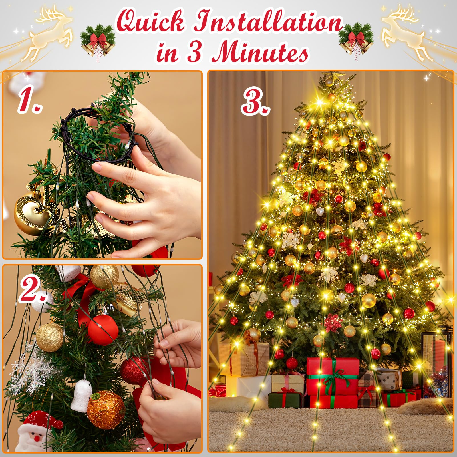 Uping Luci Albero di Natale Luci Natale Esterno a Cascata 400 LED 2m x 20 Fili Luci di Natale da Esterno Interno Luci Led per Albero di Natale Bianco Caldo con 8 Modalità Funzione Timer