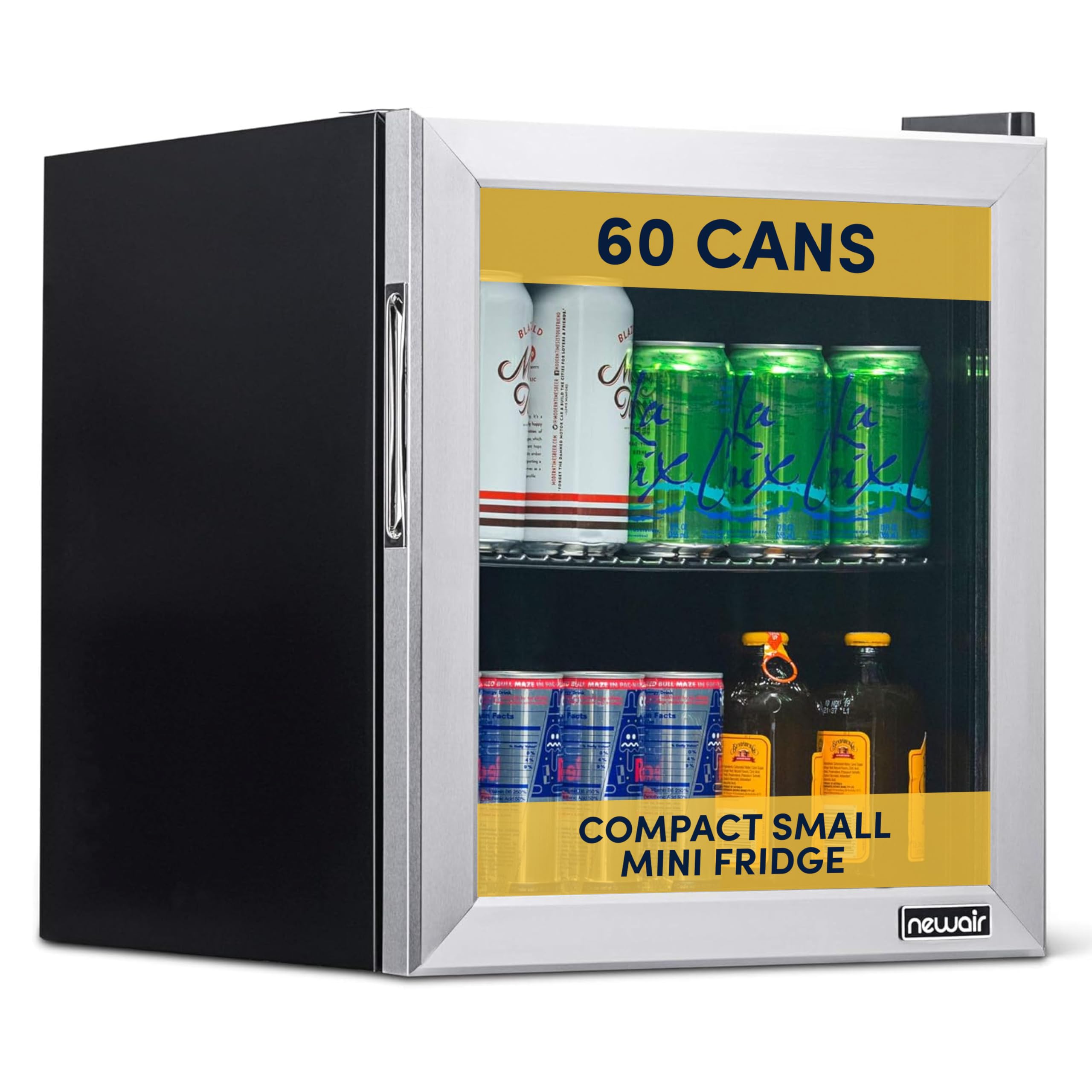 NewAir 60 Can Beverage Refrigerator | Compact Small Mini Fridge for Bedroom, Office or Dorm | Quiet Cooling, Adjustable Shelf & Glass Door Drink Cooler