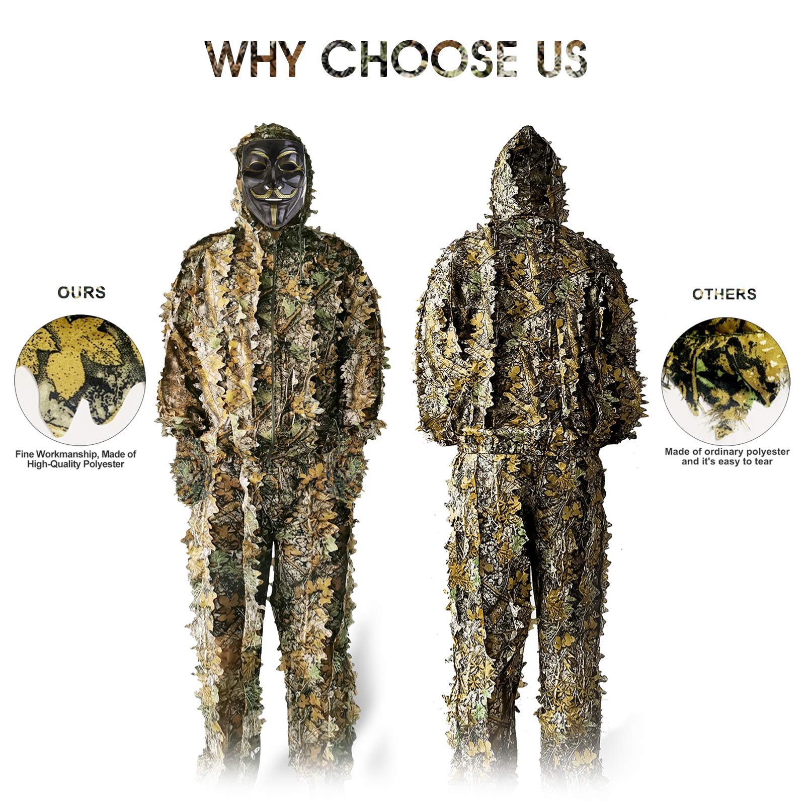ANYDKE Ghillie Suit Camouflage Hunting Suits Outdoor 3D Leaf Lifelike Camo Clothing Lightweight Breathable Hooded Apparel Suit for Jungle Shooting Airsoft Woodland Photography or Halloween