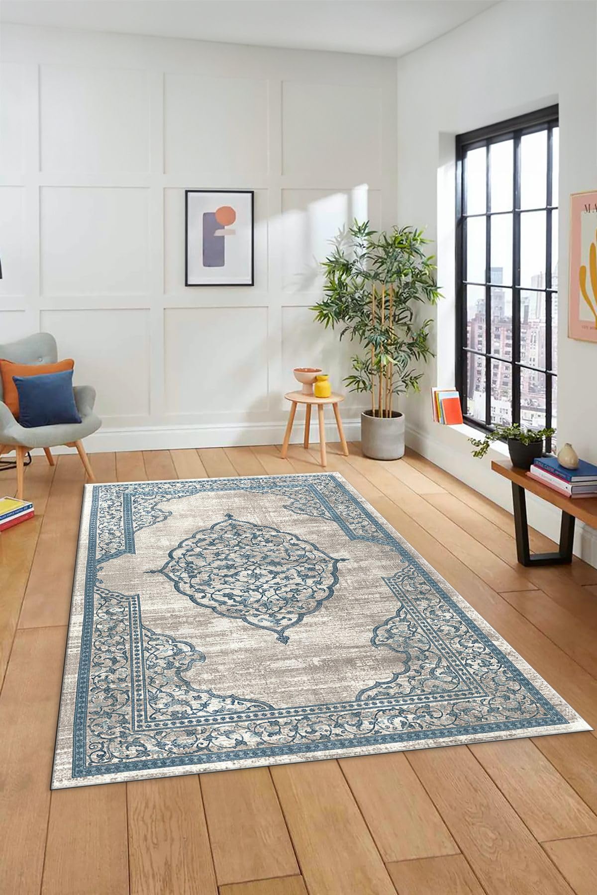 Evdeya Zarif Klasik Desen Dijital Kaymaz Taban Yıkanabilir Yolluk Mutfak Salon Halısı KLASİK-14, Mavi, 100 x 200