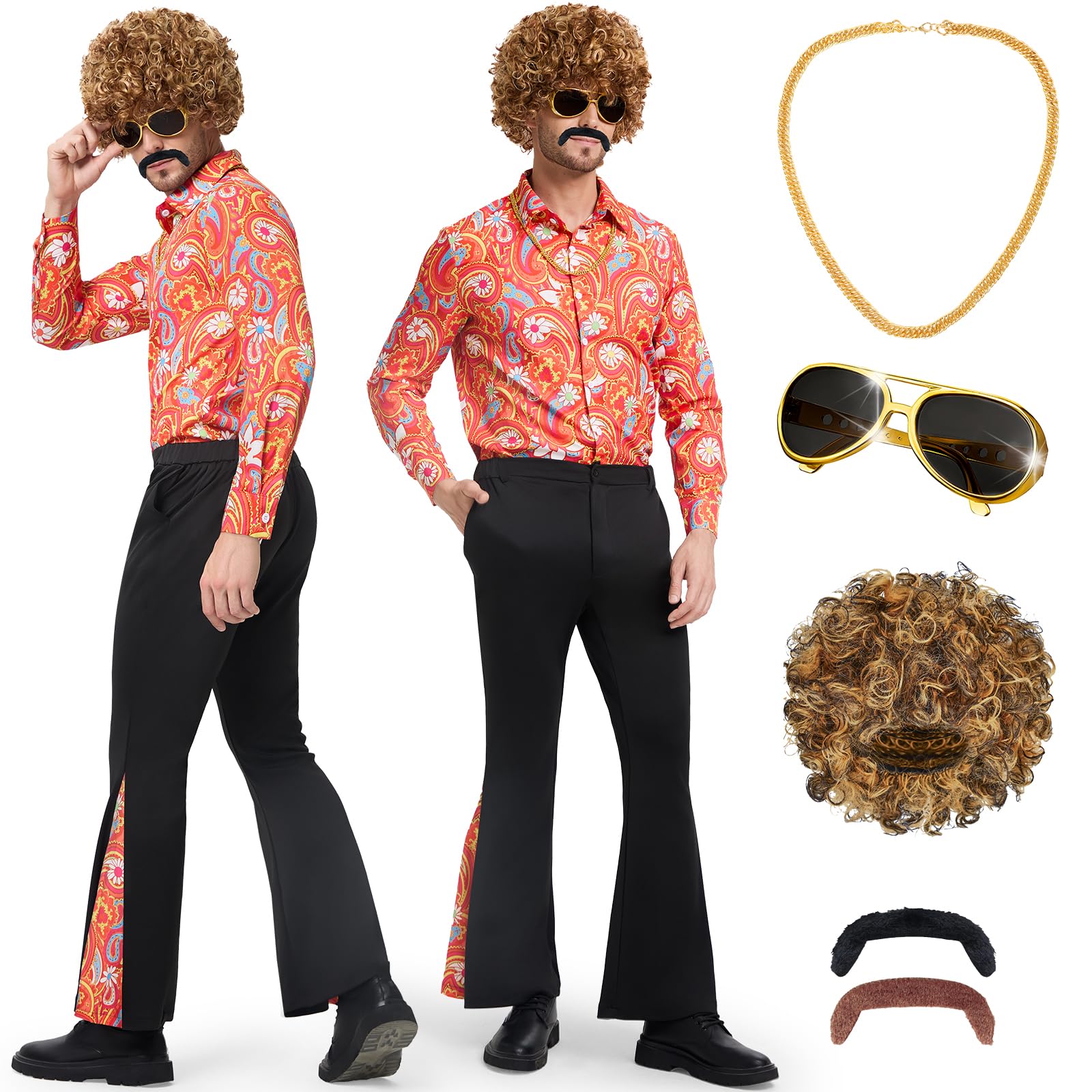 Disfraz Años 70 Hombre, 7 Piezas Disfraz Hippie Hombree con Peluca, Camisa, Pantalones de Campana y Accesorios de Disco para Carnaval Halloween y Fiesta Temática