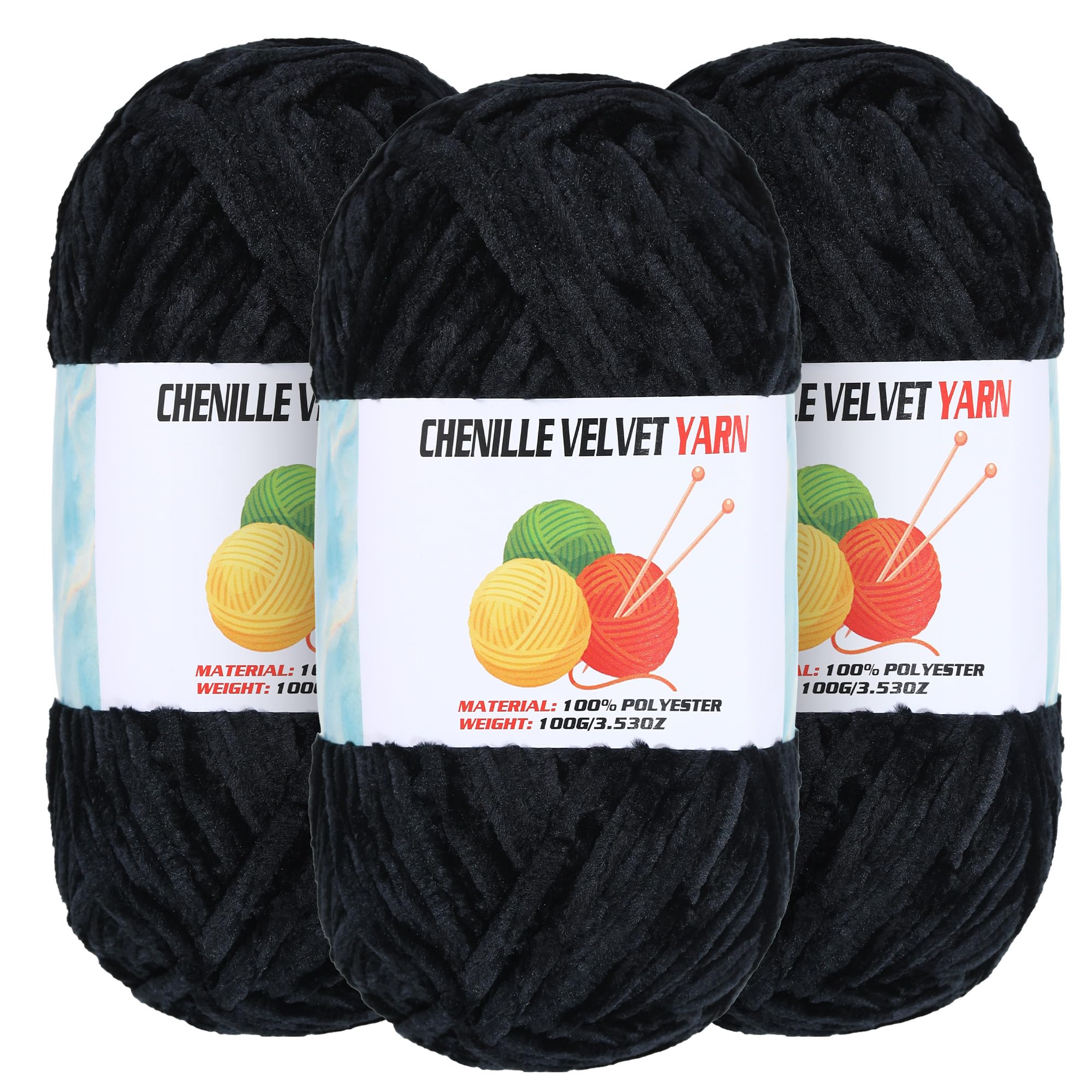 3 * 100g Velvet Chenille Chunky Yarn for Crocheting, Handcrafts Weaving Soft Chenille Yarn for Crocheting Clearance, Used for Making Baby Yarns Blanket, Clothes, Knitting Creations (Black)