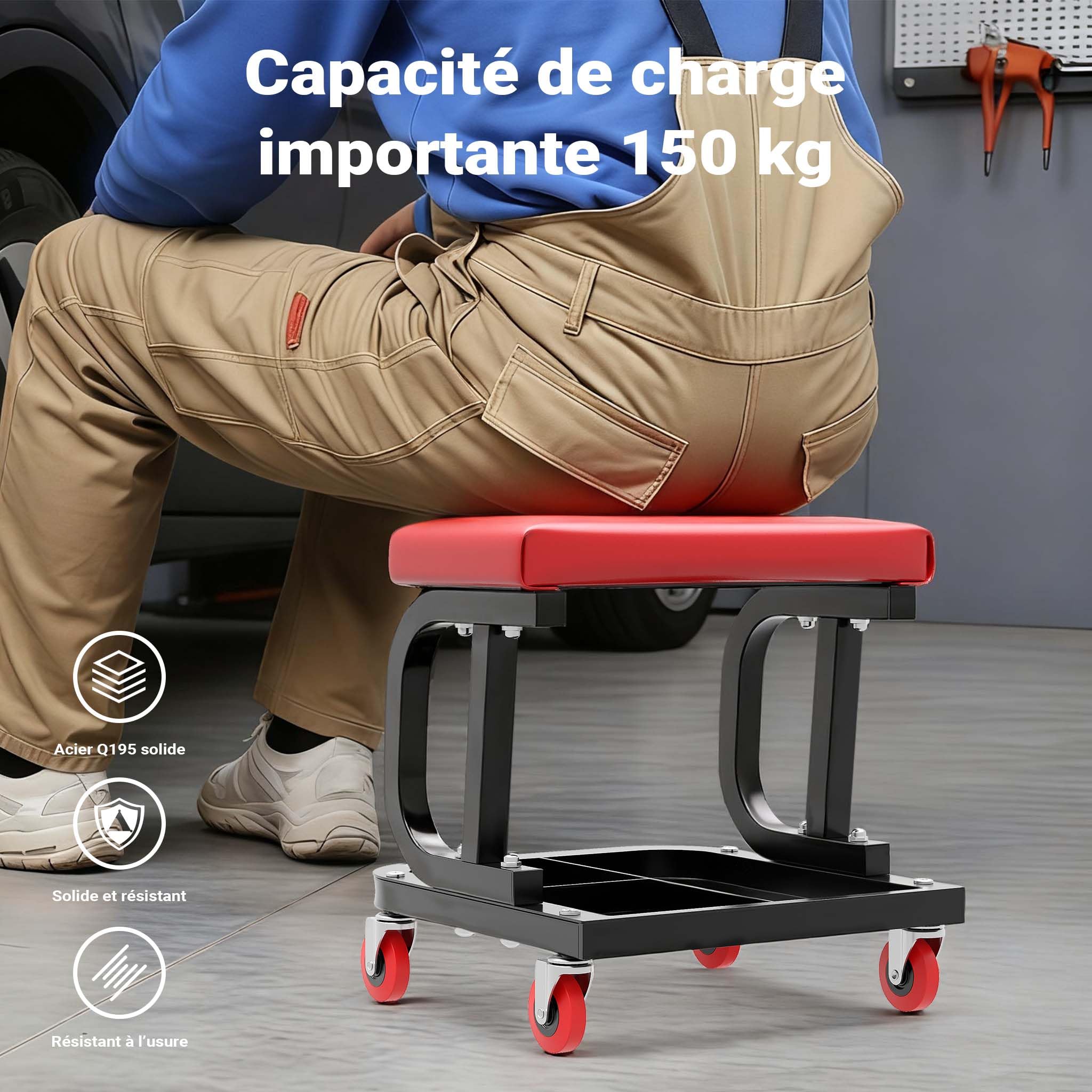 WilTec Tabouret de mécanicien 37,5 x 36 x 38,5 cm Noir Rouge Servante d’Atelier Mobile sur Roulette Plateau Outils Inclus Rangement Garage Jardinage Ergonomie Chariot de Visite