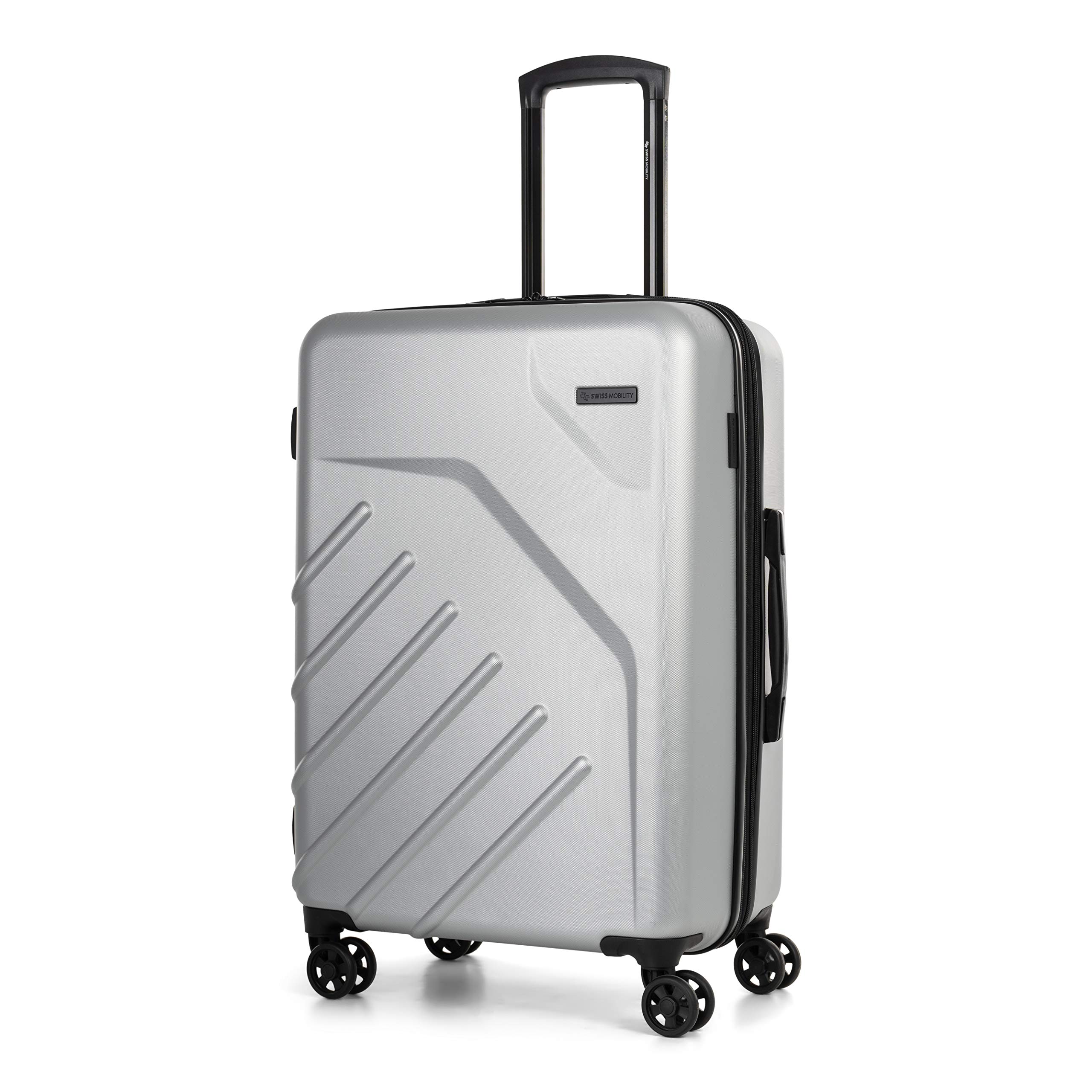 SWISS MOBILITYLGA Collection 24 Inch Hard Shell Luggage for Airplanes, Expandable Suitcase with 360-Degree Spinner Wheels, Retractable Handle, Silver