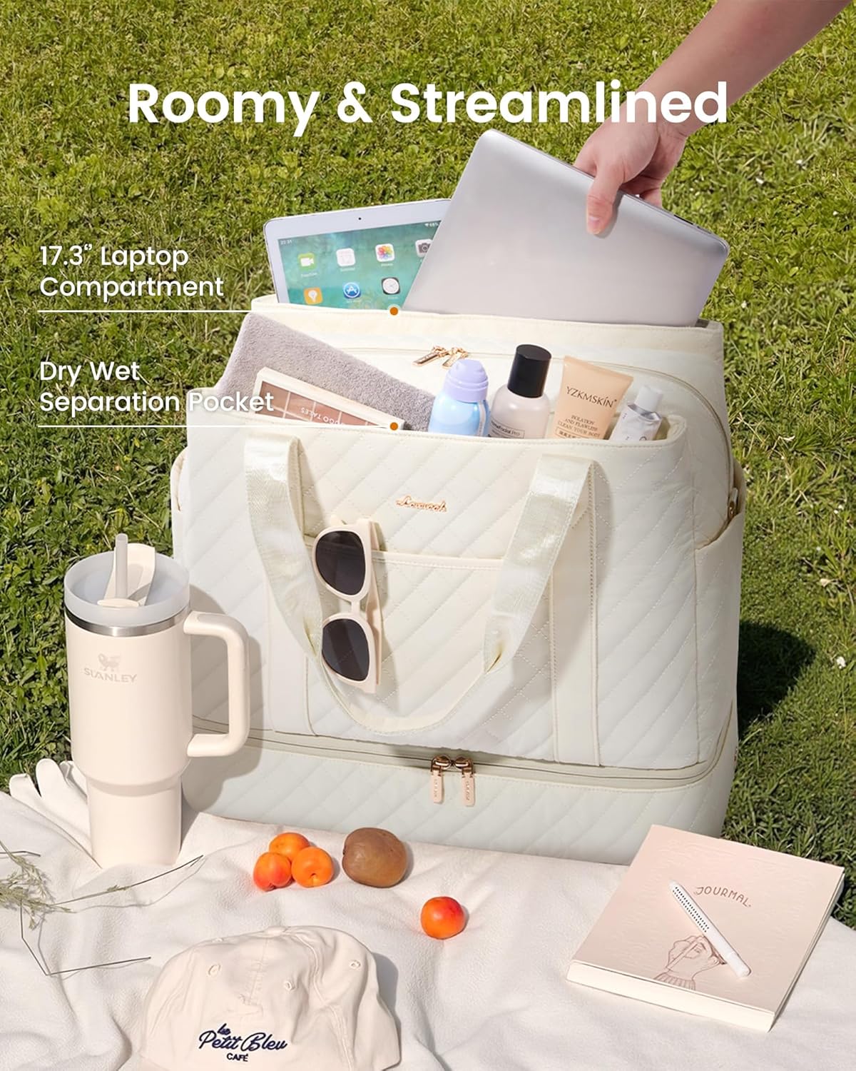 LOVEVOOK Large Travel Duffle Bag for Women, 45L Weekender Bags with Shoe Compartment & Wet Pocket, Quilted Carry On Personal Item Bag, Overnight Hospital Bags for Labor Delivery Beige - Image 3