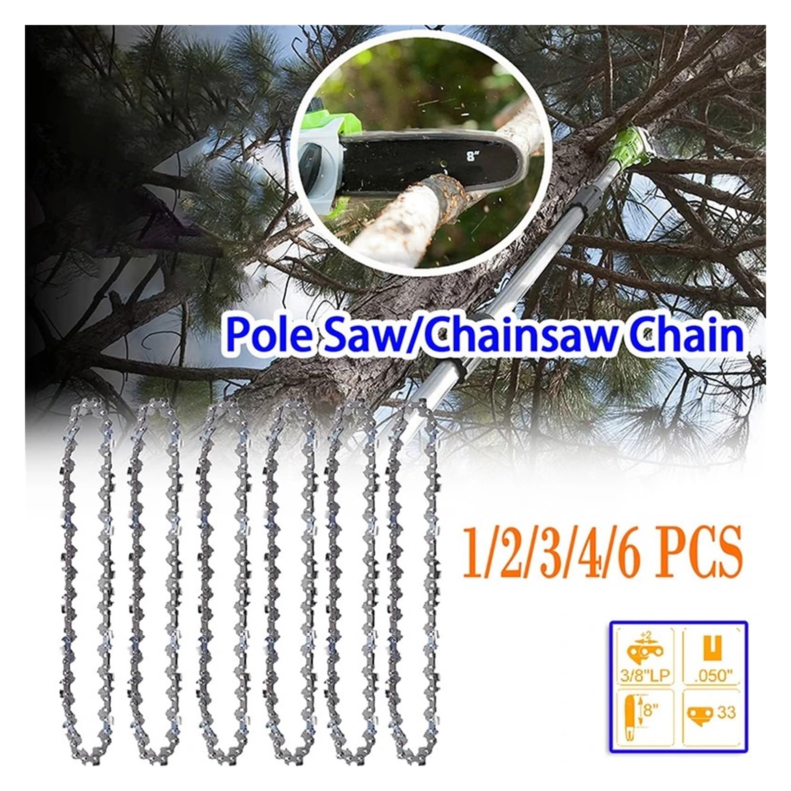 Cadenas motosierra 8 pulgadas, paso 3/8 LP, calibre .050, 33 eslabones | Grey