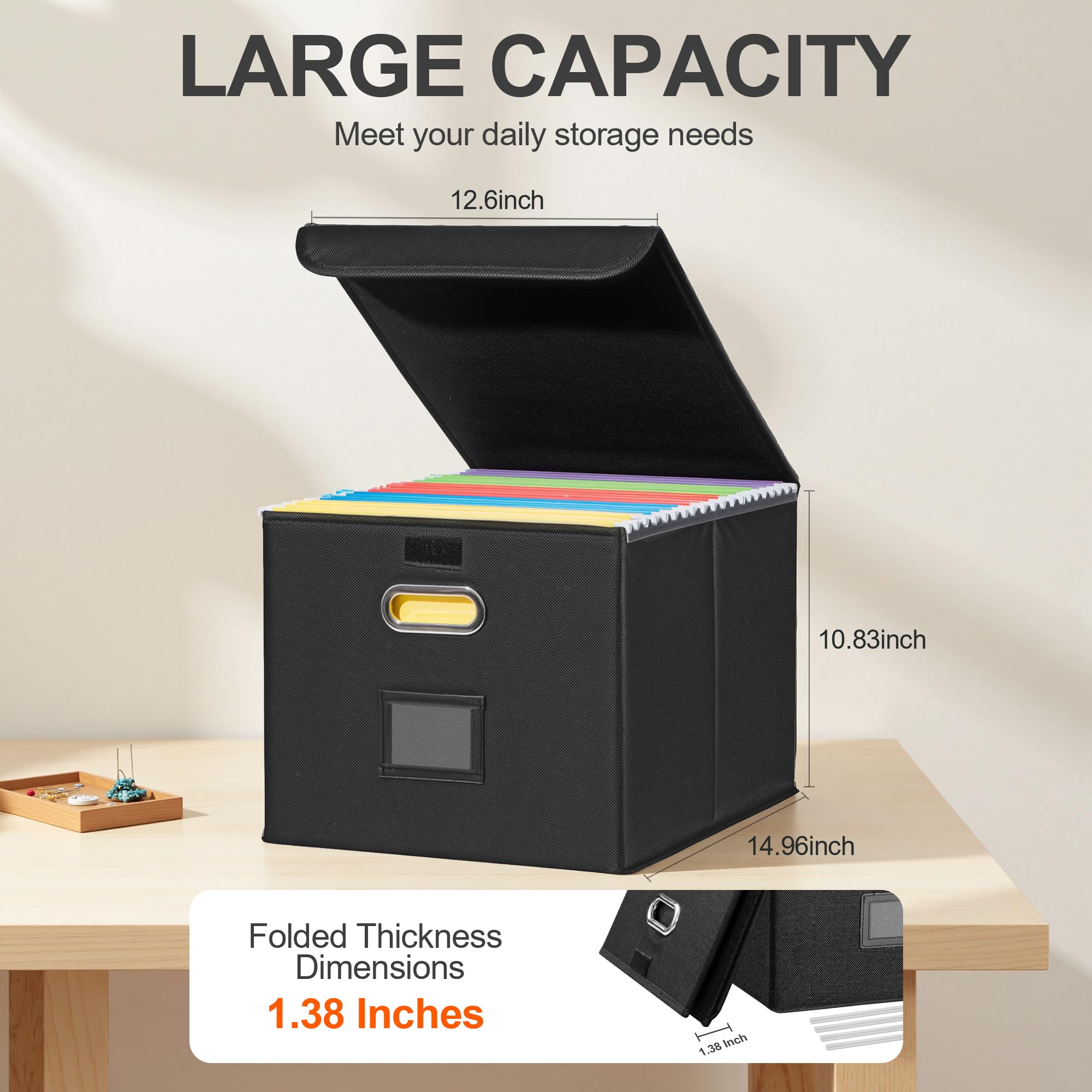 Collapsible File Box with Lid & Plastic Slide - Hanging Document Organizer for Office/Home, 14.96x12.6x10.83 Inch,Black, 1 Pack (No Folders Included)