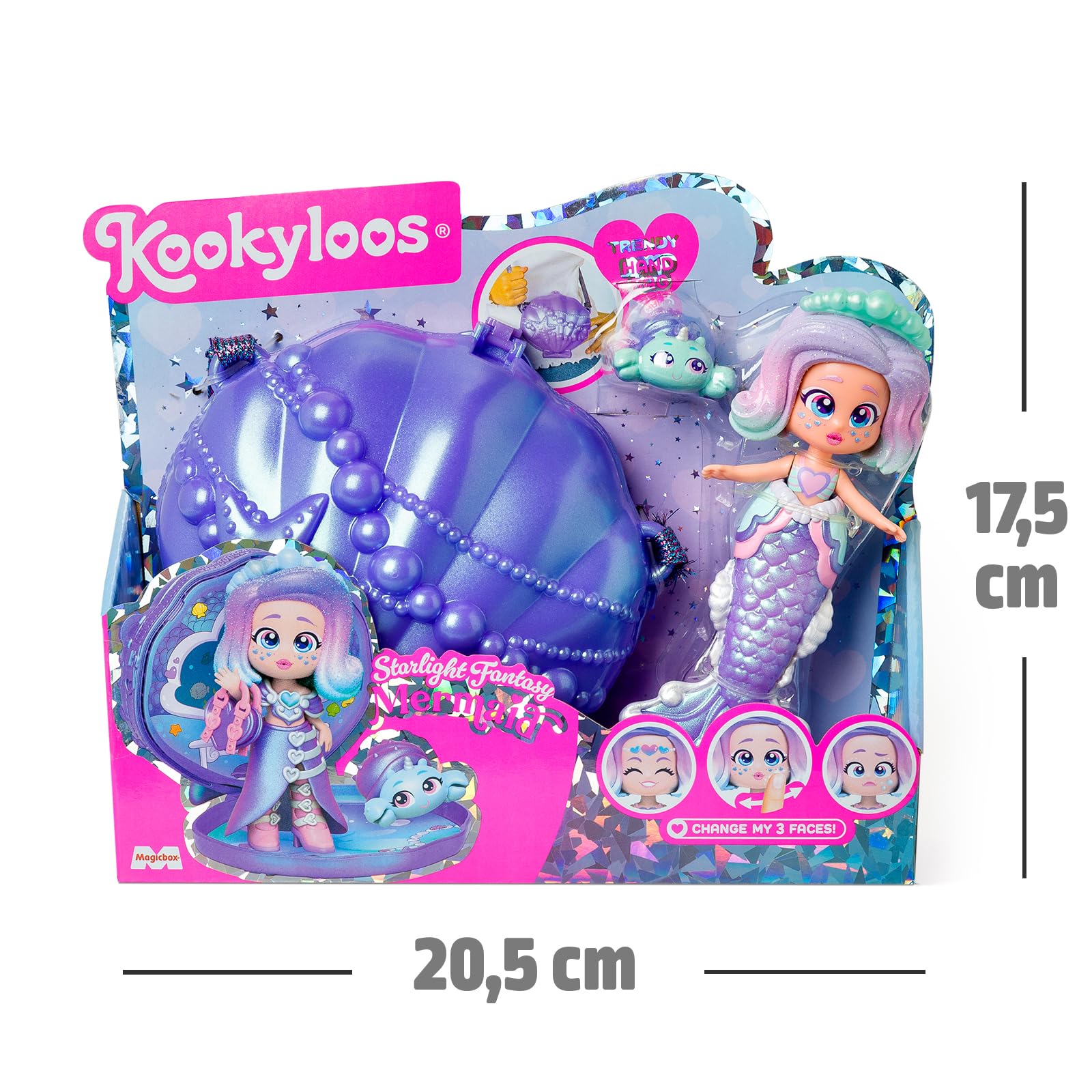 KOOKYLOOS MERMAID STARLIGHT FANTASY – 2 w 1:stylowa lalka i syrenka, awartość:1 laleczka, odpinany ogon syrenki, strój i buciki, morskie zwierzątko, akcesoria, torebka muszla do zabawy i noszenia.