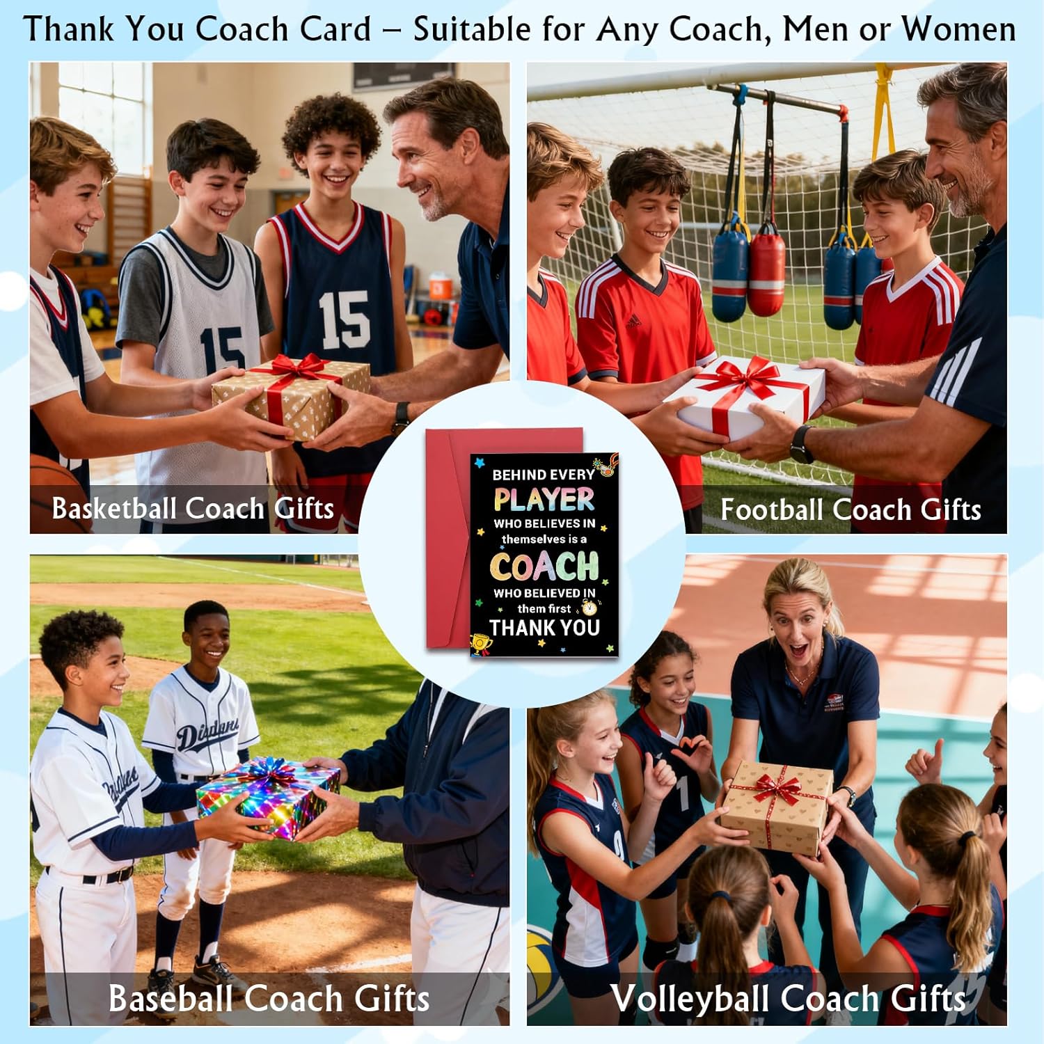Thank You Valentines Coach Card Bulk Basketball Soccer Football Coach Gifts for Men Women Volleyball Cheer Coachs Retirement Gifts for Men Women Appreciation Birthday Thank You Cards With Envelopes - Image 2