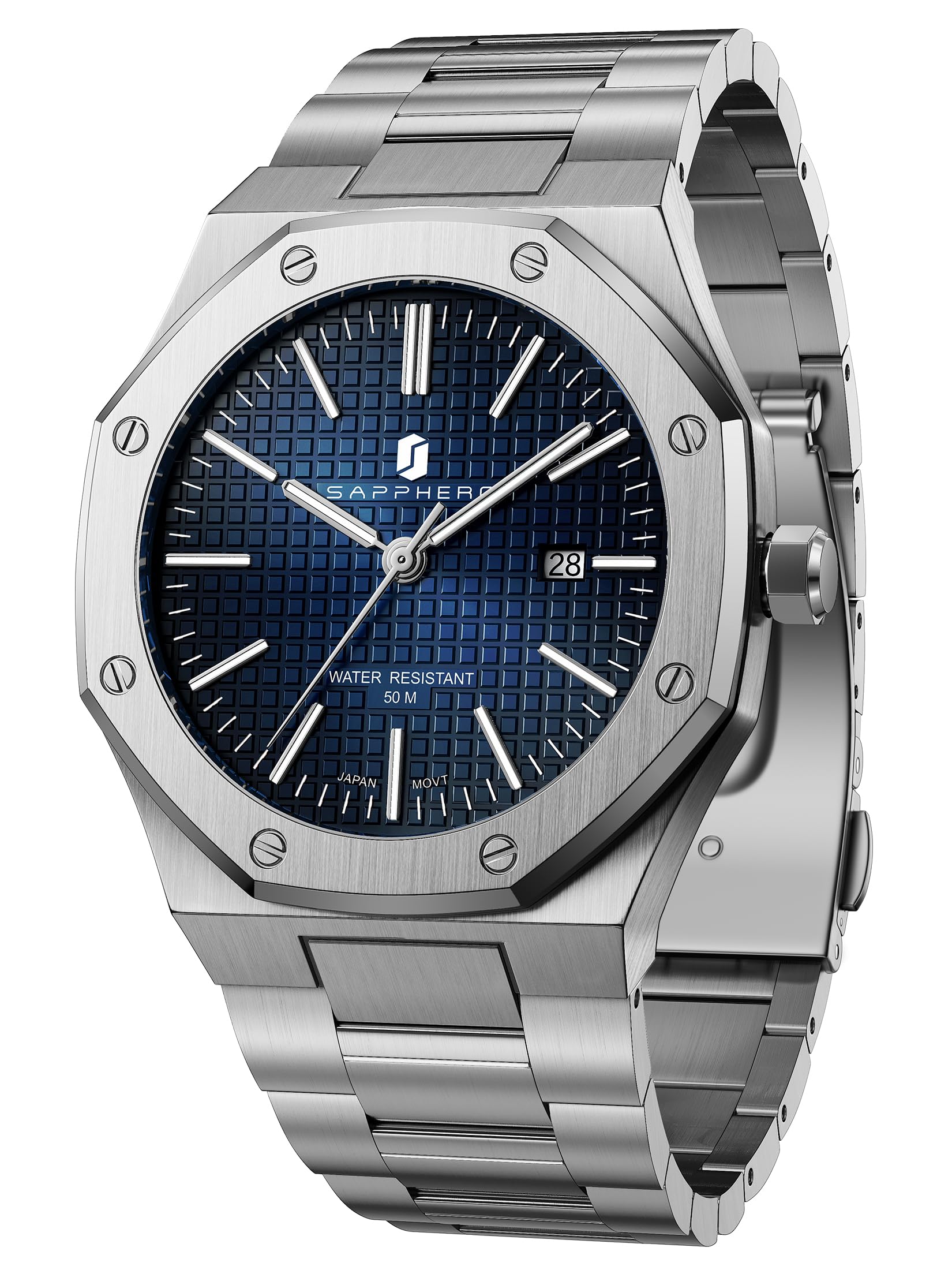 SAPPHERO Montre pour Hommes en Acier Inoxydable Montre Homme 50M Montres octogonales étanches Hommes Mouvement à Quartz Japonais Affaires décontractées avec Date et Fonction Lumineuse