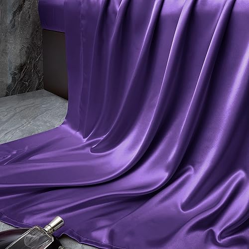 Miniatura 5 de Manyshofu Juego de sábanas de satén sedoso de 7 piezas, tamaño Queen, de color morado oscuro, lujoso y suave, 1 sábana bajera de satén, 1 sábana