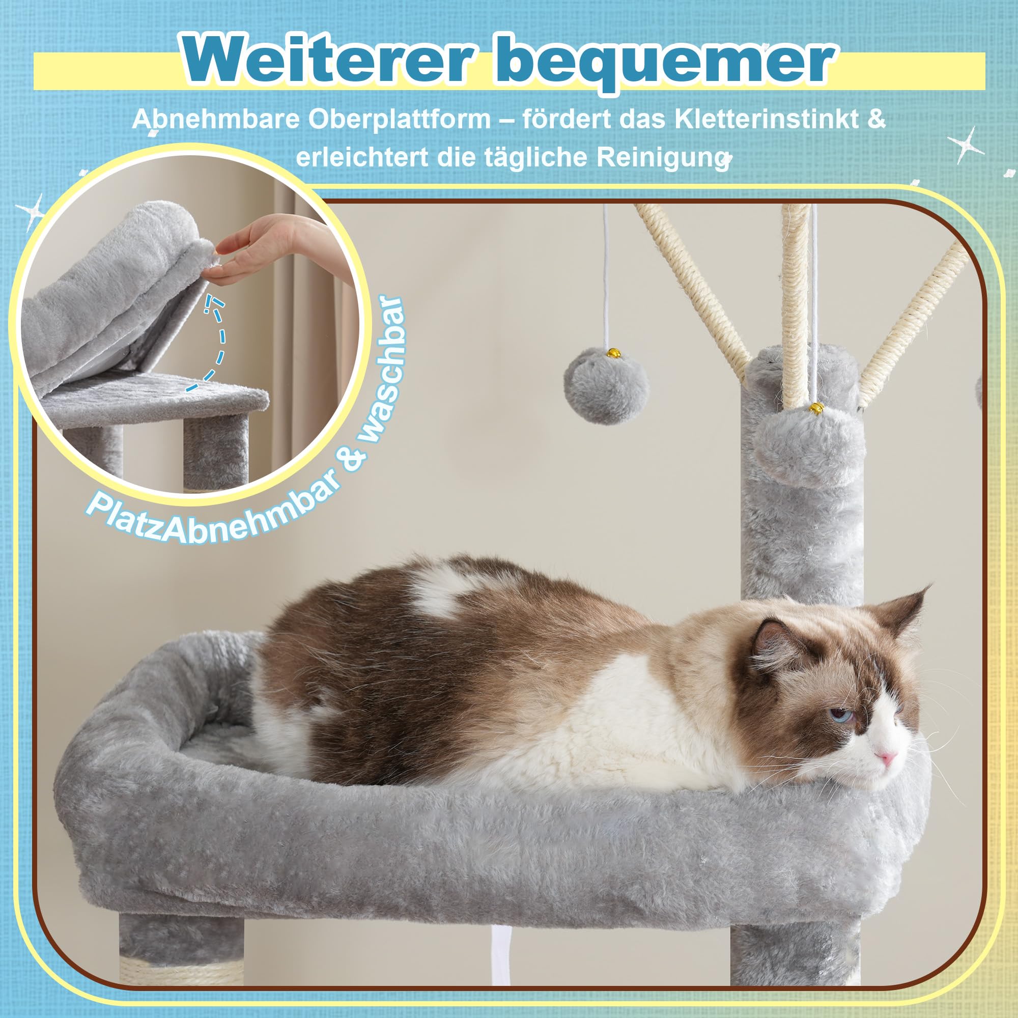 Hey-brother Albero per Gatti, 160 cm Tiragraffi per Gatti, con 3 cucce, amaca grande, piattaforma superiore spaziosa e pannelli in iuta naturale, Arredamento interno per gatti, grigio chiaro MPJ081W