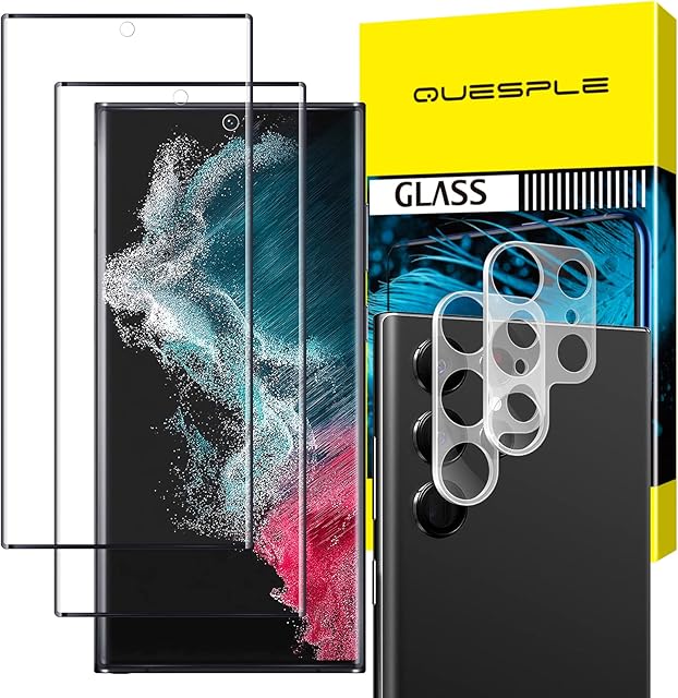 QUESPLE [2+2 Pack Screen Protector for Samsung Galaxy S22 Ultra 5G 6.8 Inch, 2 Pack Tempered Glass Film + 2 Pack Camera Lens Protector, HD Fingerprint unlock/Full Coverage/Anti-Scratch/Case Friendly
