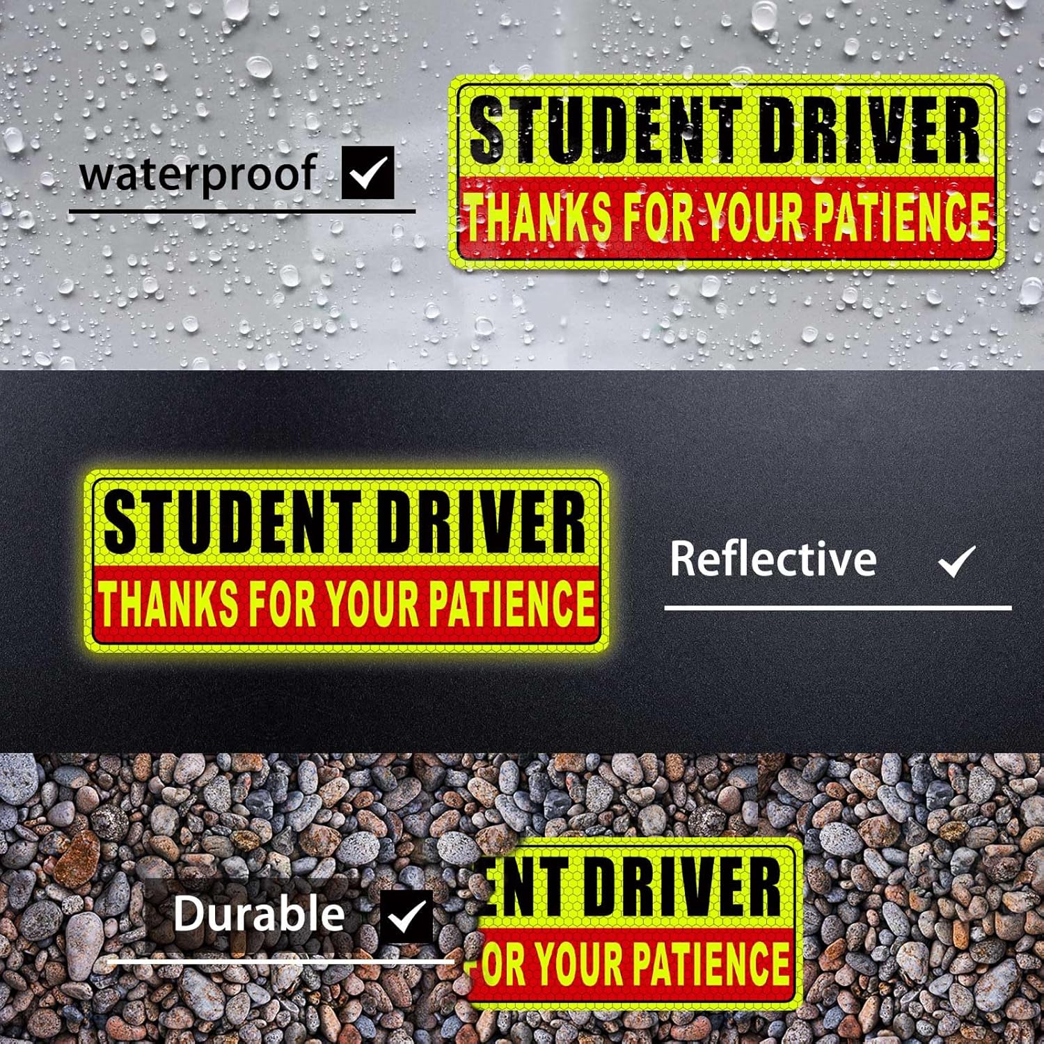Student Driver Magnet for Car - New Driver Magnet for Car Safety Warning Please Be Patient Reusable Movable Reflective Magnetic Black & Red for Car Bumper 3 Pcs