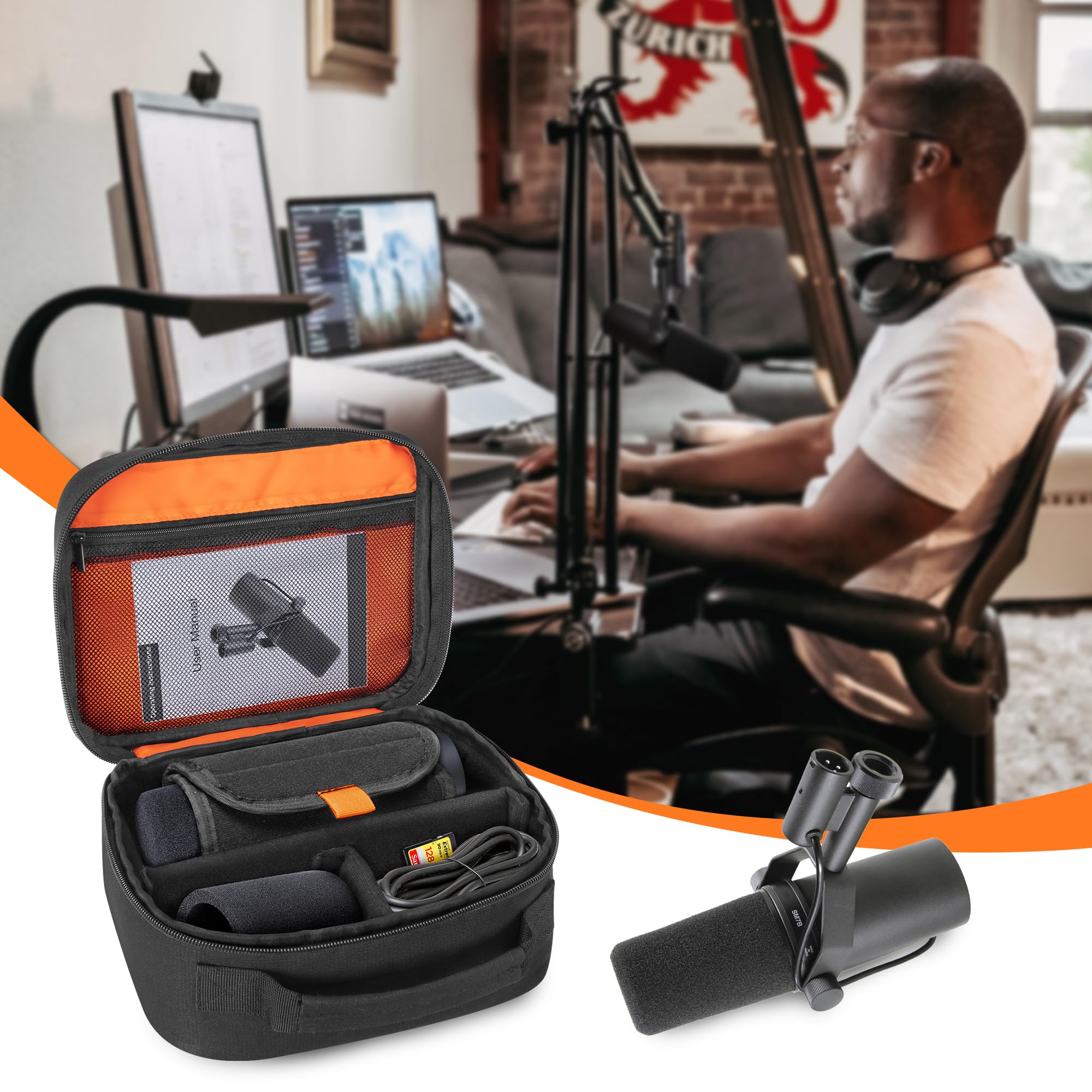 PGmoon Mikrofontasche Kompatibel mit Shure SM7B/MV7/MV7X Dynamisches Gesangsmikrofon, MikrofonAufbewahrungstasche mit Weichem, Gepolstertem Innenfutter, herausnehmbare Fächer