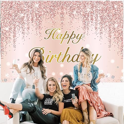 Miniatura 6 de Cartel de decoración de fiesta de feliz cumpleaños de 4 x 6 pies letrero de oro rosa cabina de fotos de feliz aniversario suministros de fiesta para