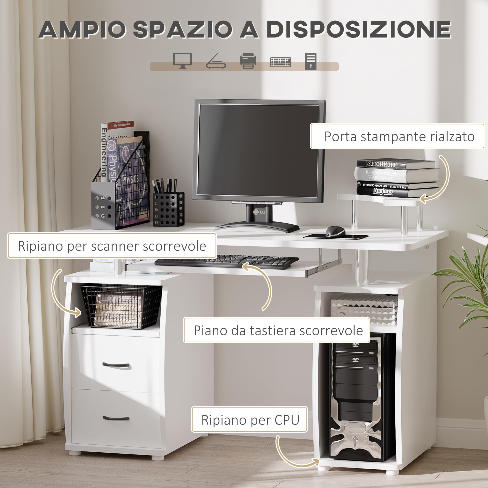 HOMCOM Scrivania per PC in Truciolato e Acciaio con Ripiano per Tastiera e per Monitor, 2 Cassetti e Spazio per Computer, 120x55x85 cm, Bianca