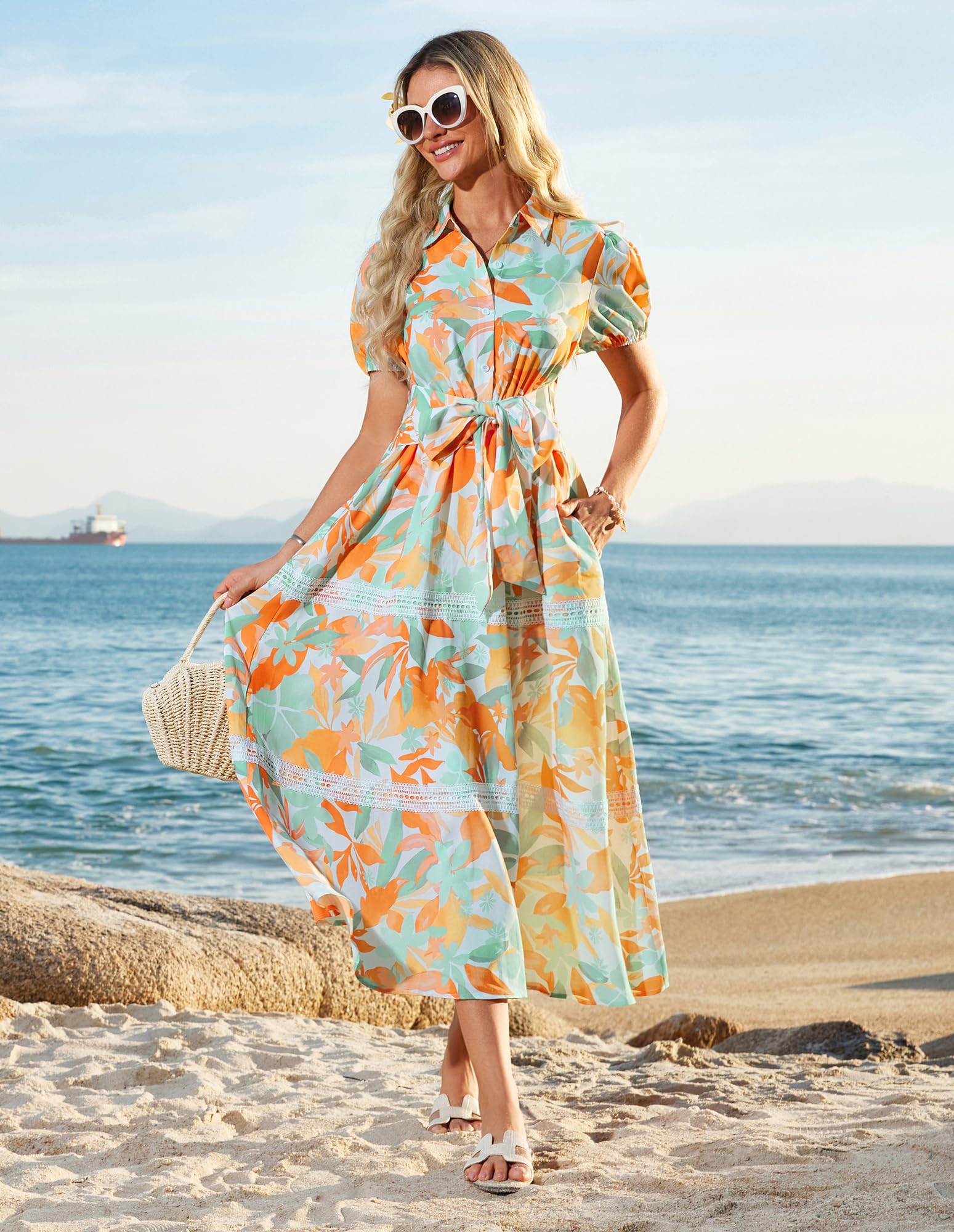 GRACE KARIN Women's 2026 Summer Floral Flowy Dresses Boho Tie Belt Short Puff Sleeve A Line Maxi Shirt Dress with Pocket