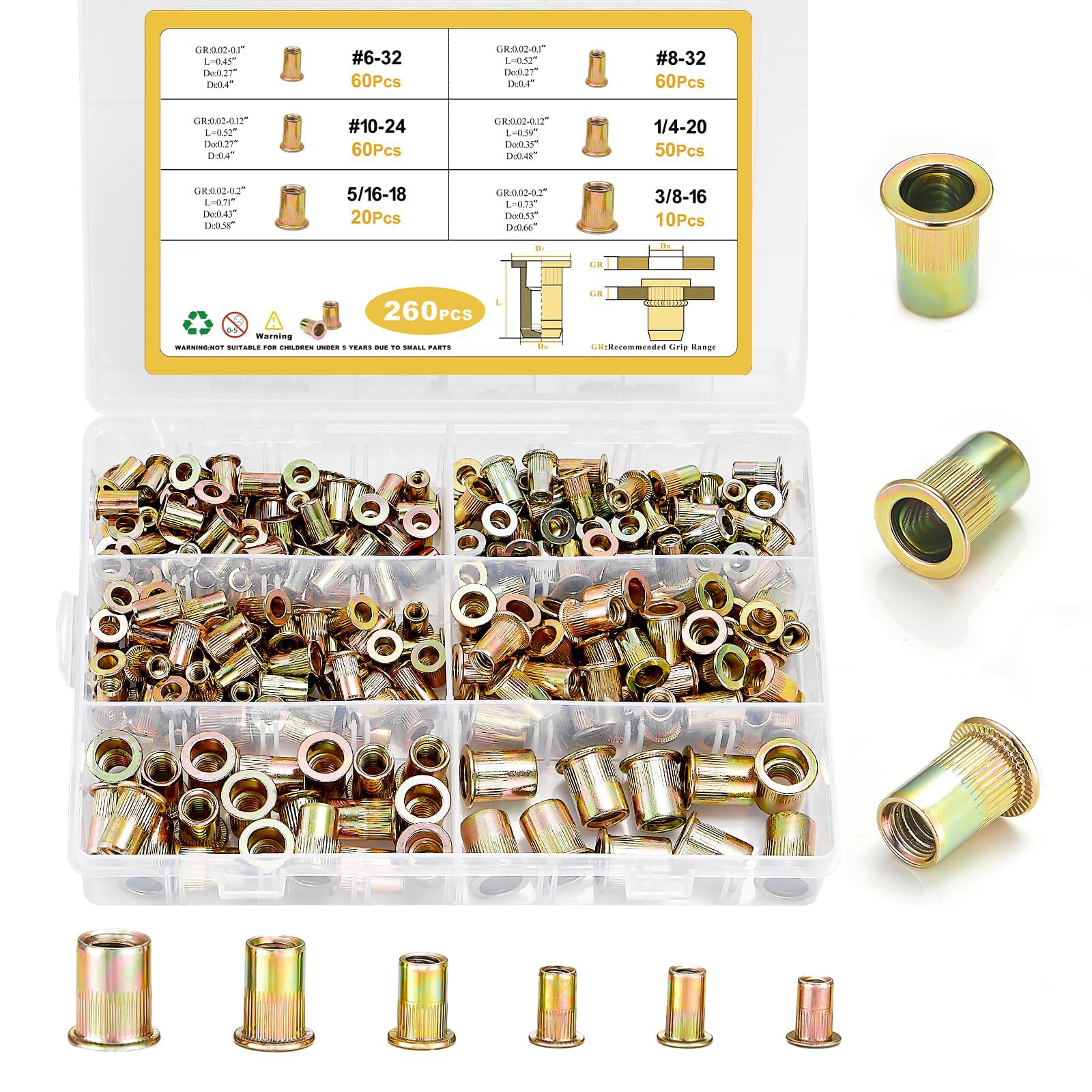 Rivet Nut Tool Kit, 260pcs SAE Nut Assortment Kit Galvanized Carbon Steel Flat Head Threaded Insert Nuts, Sizes 6-32 8-32 10-24 1/4"-20 5/16"-18 3/8"-16