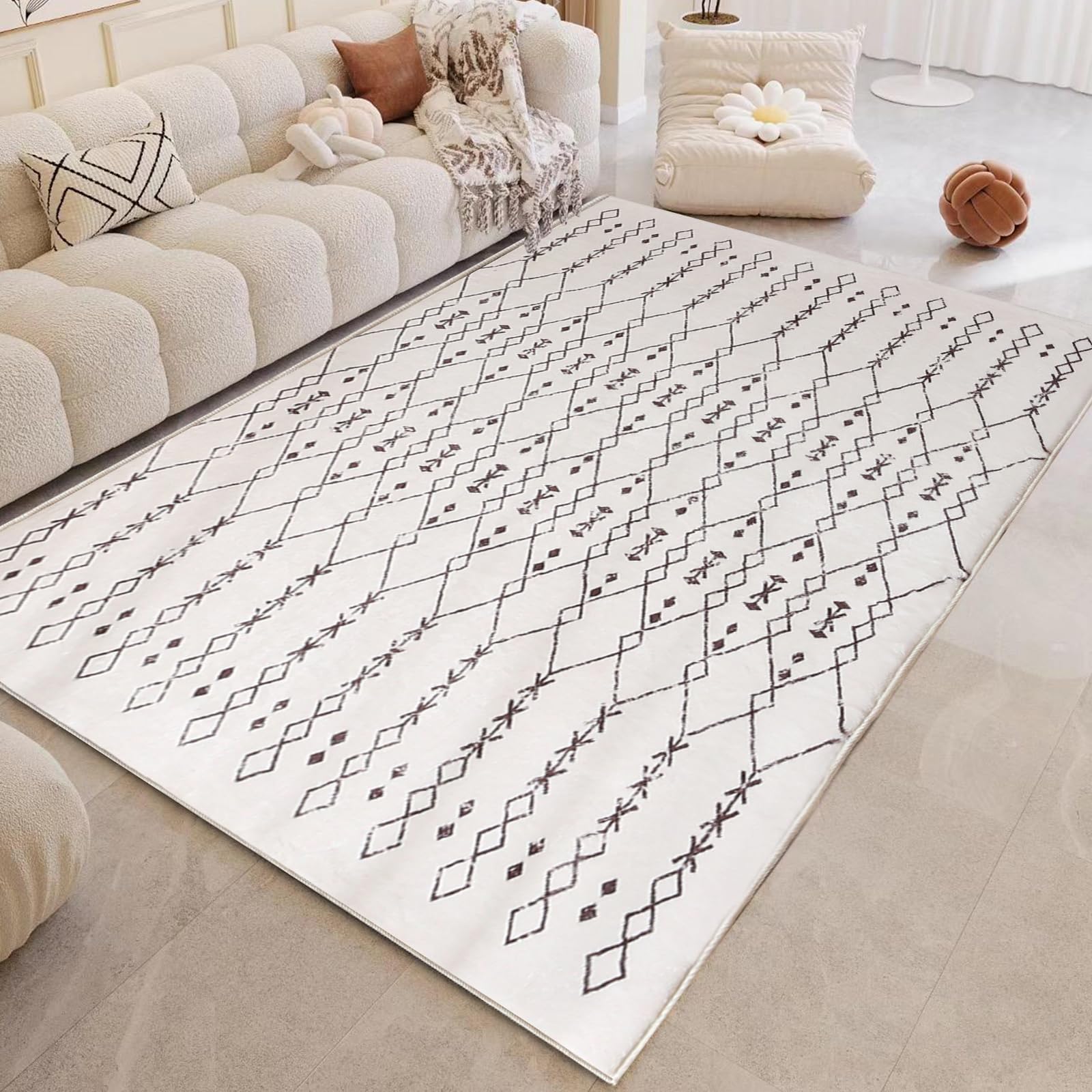 Leesentec Moroccan Area Rugs Living Room Rugs Modern Abstract Rug Geometric Carpet Non-slip Short Pile Rug Large Rugs for Living Room Soft Bedroom Area Rug (Beige/Ivory, 80 x 120 cm)