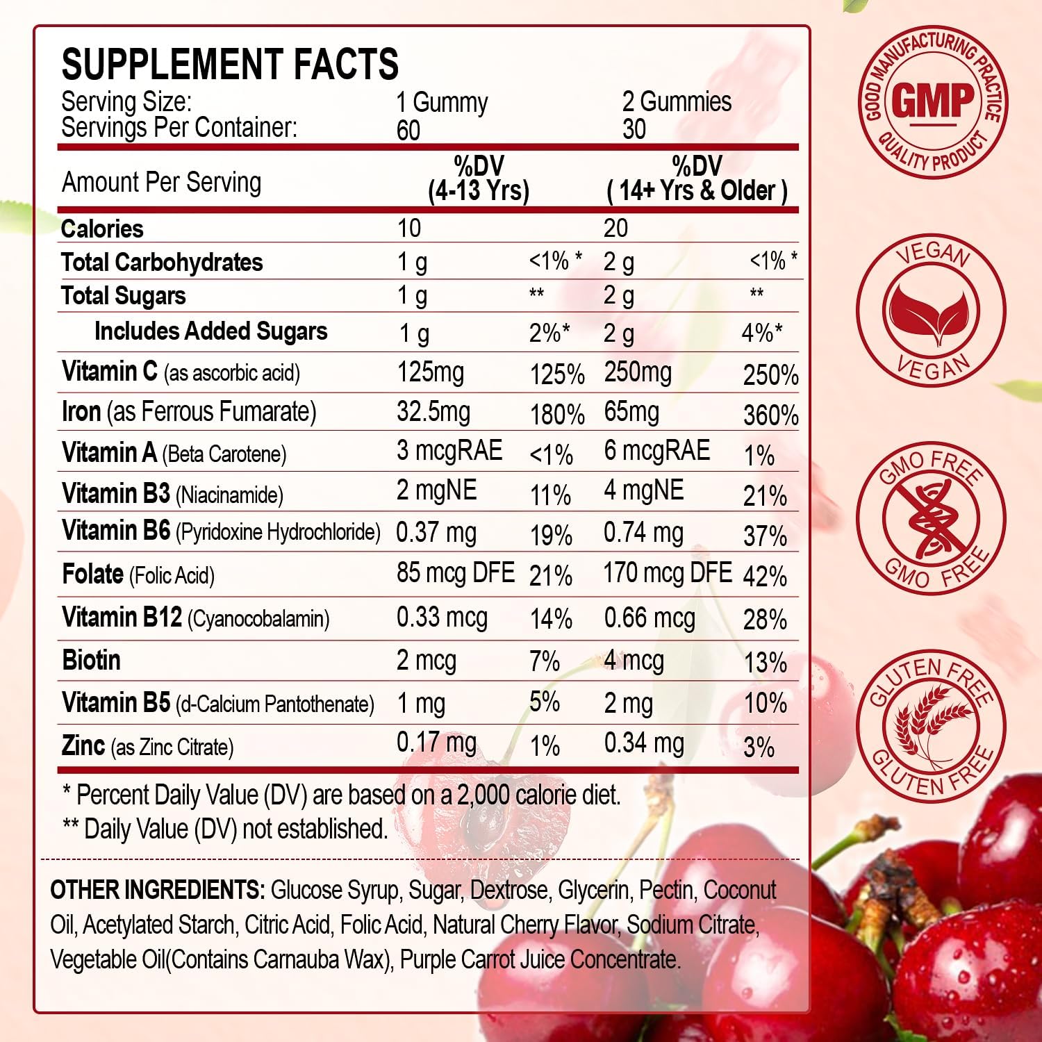Iron Supplement for Women, Men & Kids, Iron 65mg & Vitamin C 250mg per Serving with B6 B12 Folate- Energy Support for Iron Deficiency, Anemia, Vegan Gummy Cherry Flavor, 60 Count - Image 2