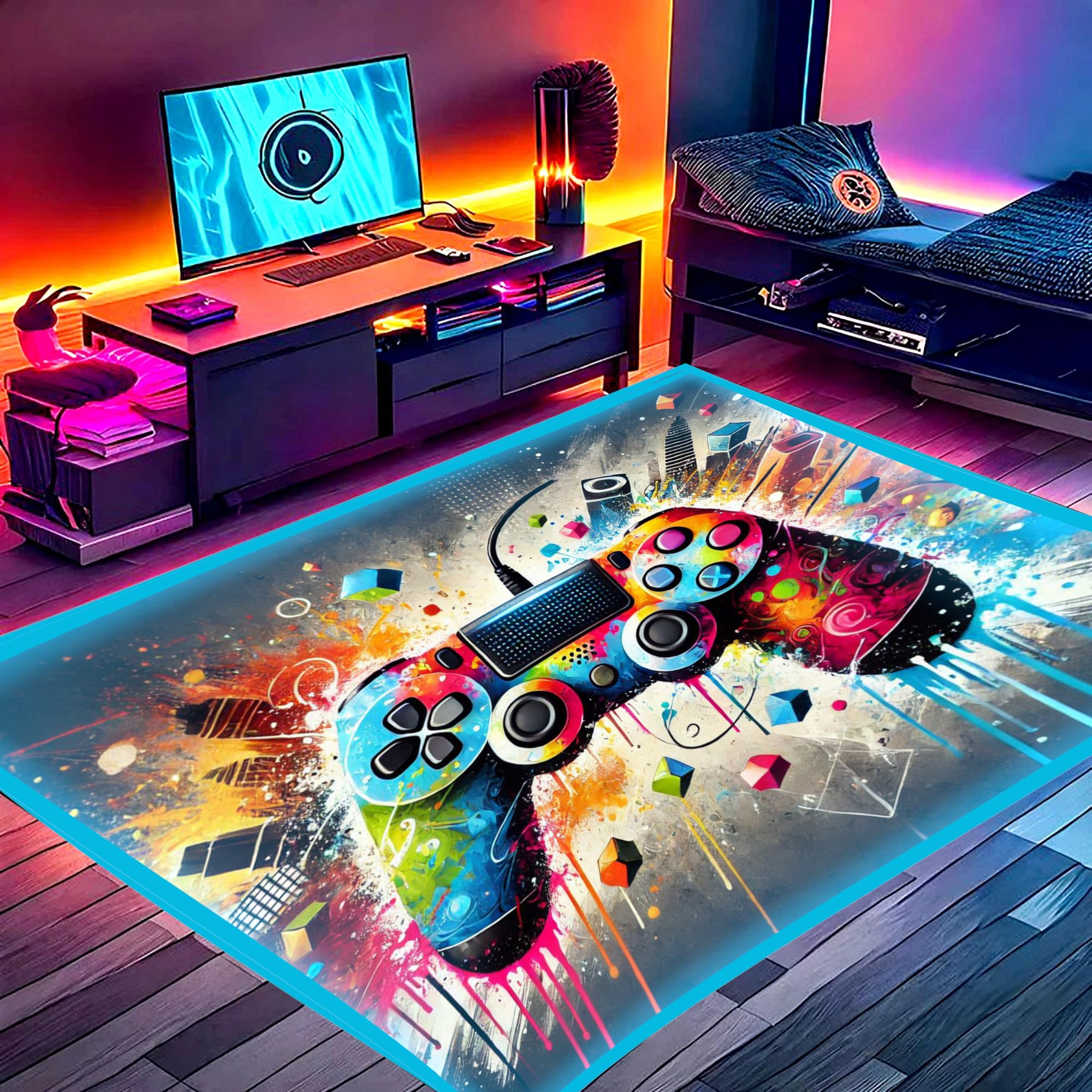 DEALZOOM Gaming Rug RGB LED Light (3x5 Color Splash) - Bedroom Gamer Rug Floor Mat Gaming Decor - Kids Room Rug Anti Slip Mat for Gamer Chair – Play