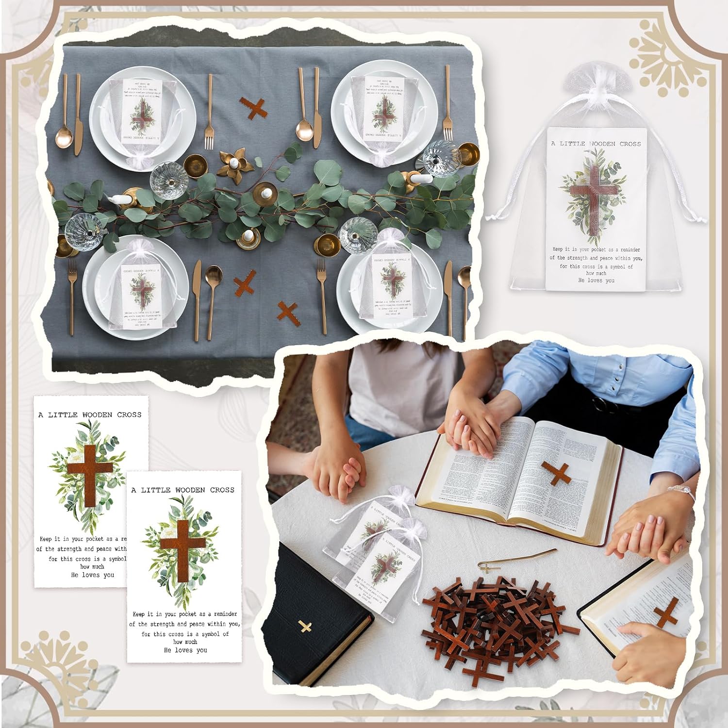 FYSUIMU 60 Sets Pocket Hug Token Gift Eucalyptus Leaf Greeting Cards with Mini Wooden Cross Organza Bags for Christian Wedding Favors Memorial Keepsake