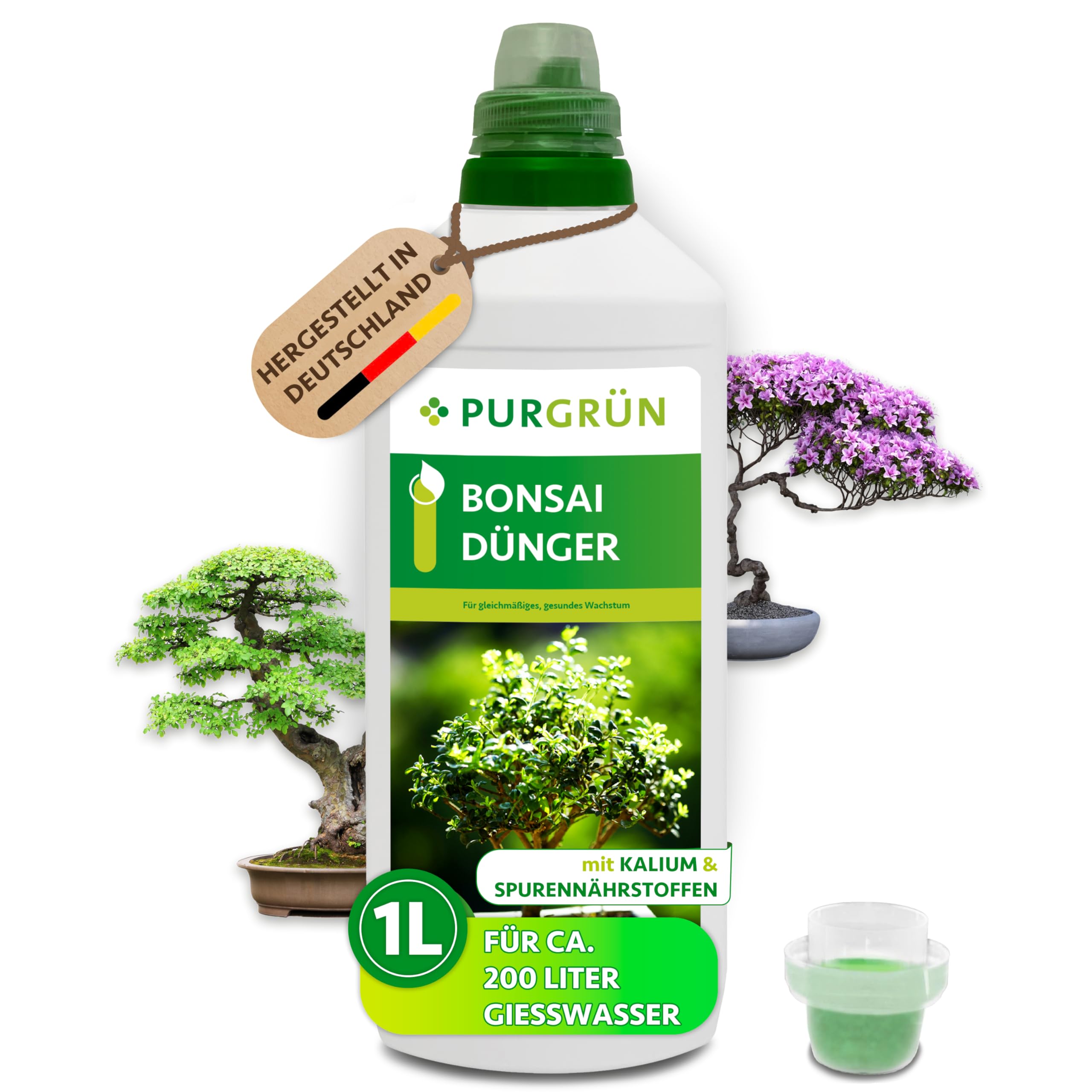 Bonsai-Dünger 1 Liter – Spurennährstoffe für gleichmäßiges Wachstum – Fördert die Blütenbildung blühender Bonsais – Extra Kalium stärkt die Widerstandskraft – Für 200 Liter Gießwasser