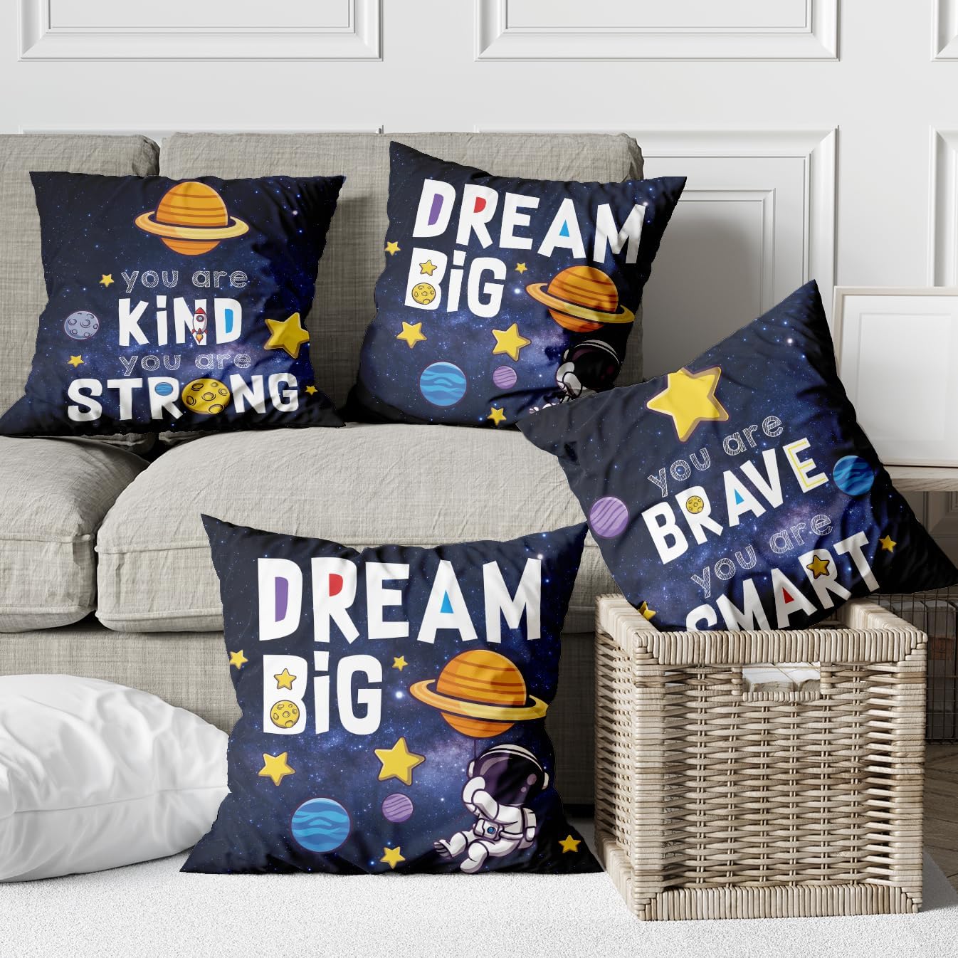 Yuzi-n Outer Space Pillow Covers Planet Astronaut Space Pillow Cases Decor for Nursery Kids Bedroom Playroom Classroom, 18 x 18 Inch Set of 4,Navy Blue-Space Dream Big