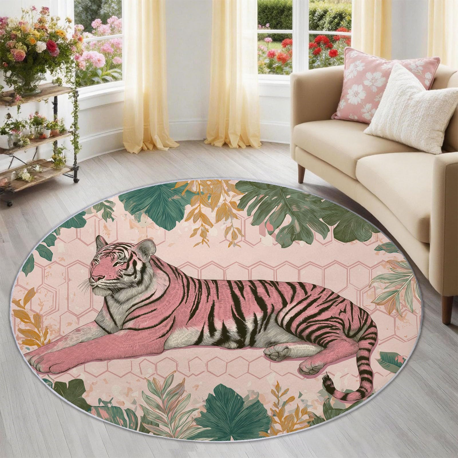 Tiger Round Area Rug 180 cm, Pink Bohemia Fine Plants Animals Washable Non-Shedding Circle Floor Mat, Non-Slip Play Mat for Kids Room Nursery Playroom
