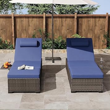 OUTLANE Outdoor Patio Chaise Lounge Chairs Set of 2, PE Rattan Wicker Pool Garden Lounger with Adjustable Backrest, Cushion, Cup Holder, for Poolside, Deck, Easy Assembly, Brown-Blue