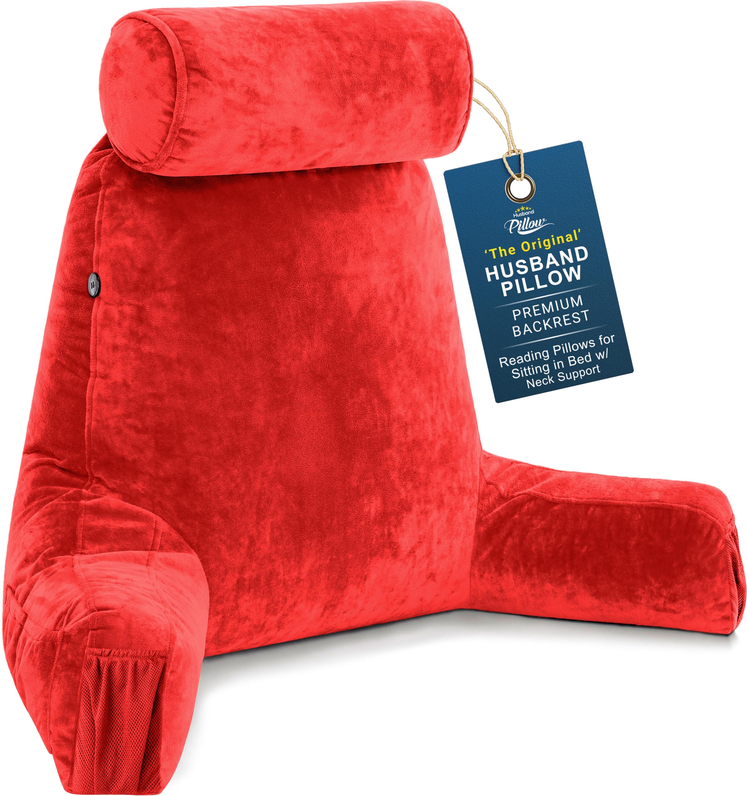 Husband Pillow Medium Reading Pillow with Arms - 23" Backrest for Sitting Up in Bed - Firm Support Bed Rest Pillow for Adults, Neck Roll, Removable Cover - TV, Reading, Lounging - Red