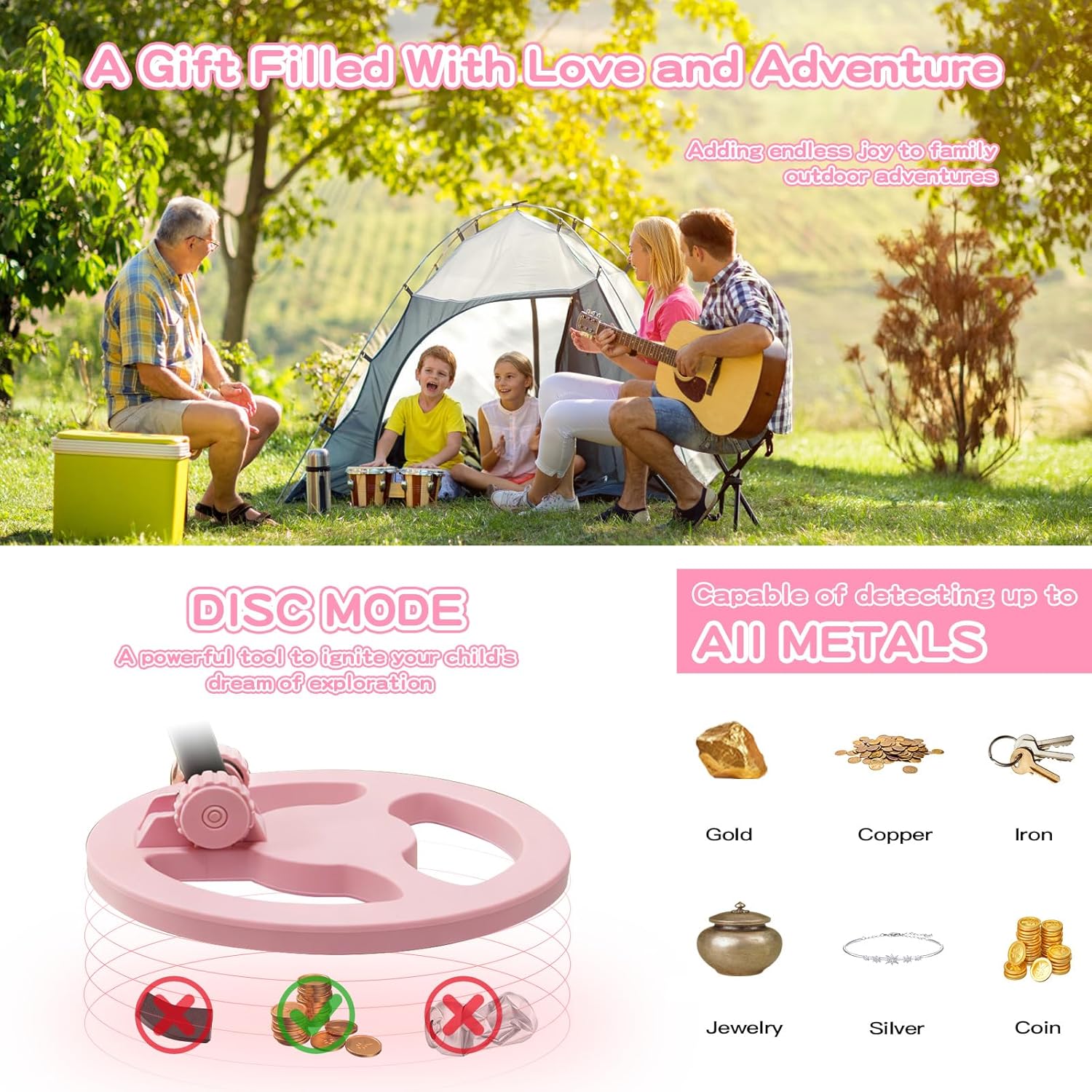 Metal Detector for Kids and Adults with Shovel & Rake Mesh Bag Set –Portable Treasure Hunter for Boys & Girls,All-Metal Mode. Lightweight & Adjustable. Outdoor Explorer Gift for Beach, Park, Camping