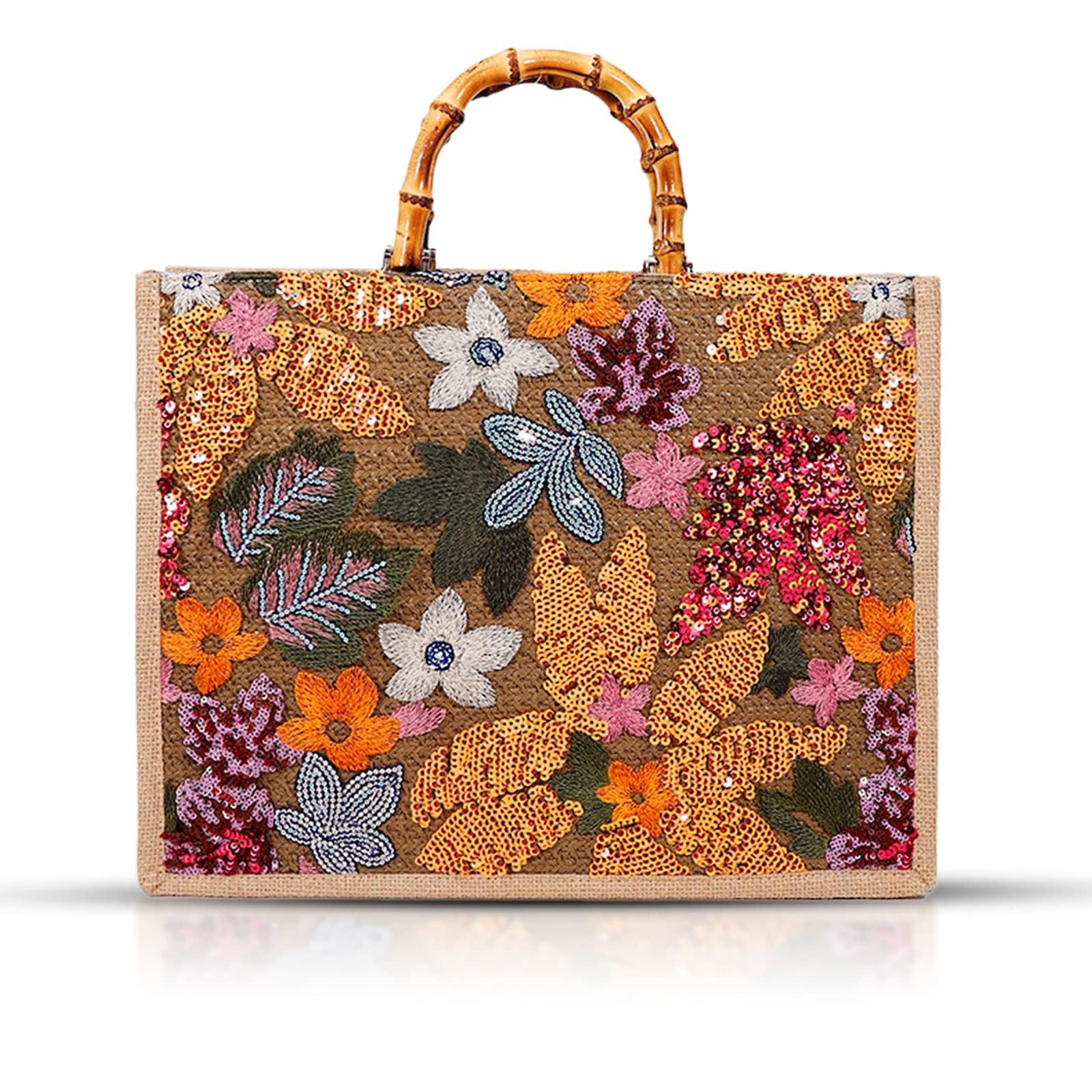 QTKJ Tote Bag for Women, Beach Bag, Sequin Embroidery Straw Bag, Hand-Woven Bamboo Handle, Bohemian Handbag Large Capacity Shoulder Bag Suitable for