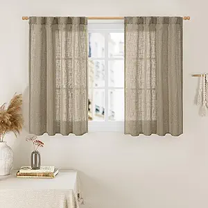 LAMIT 40 Inch Length Linen Curtains for Small Windows, Semi Sheer Light Filtering Panels Back Tab and Rod Pocket Country Decor Drapes for Basement/Kitchen, Taupe, 2 Panels, 34 x 40 Inch