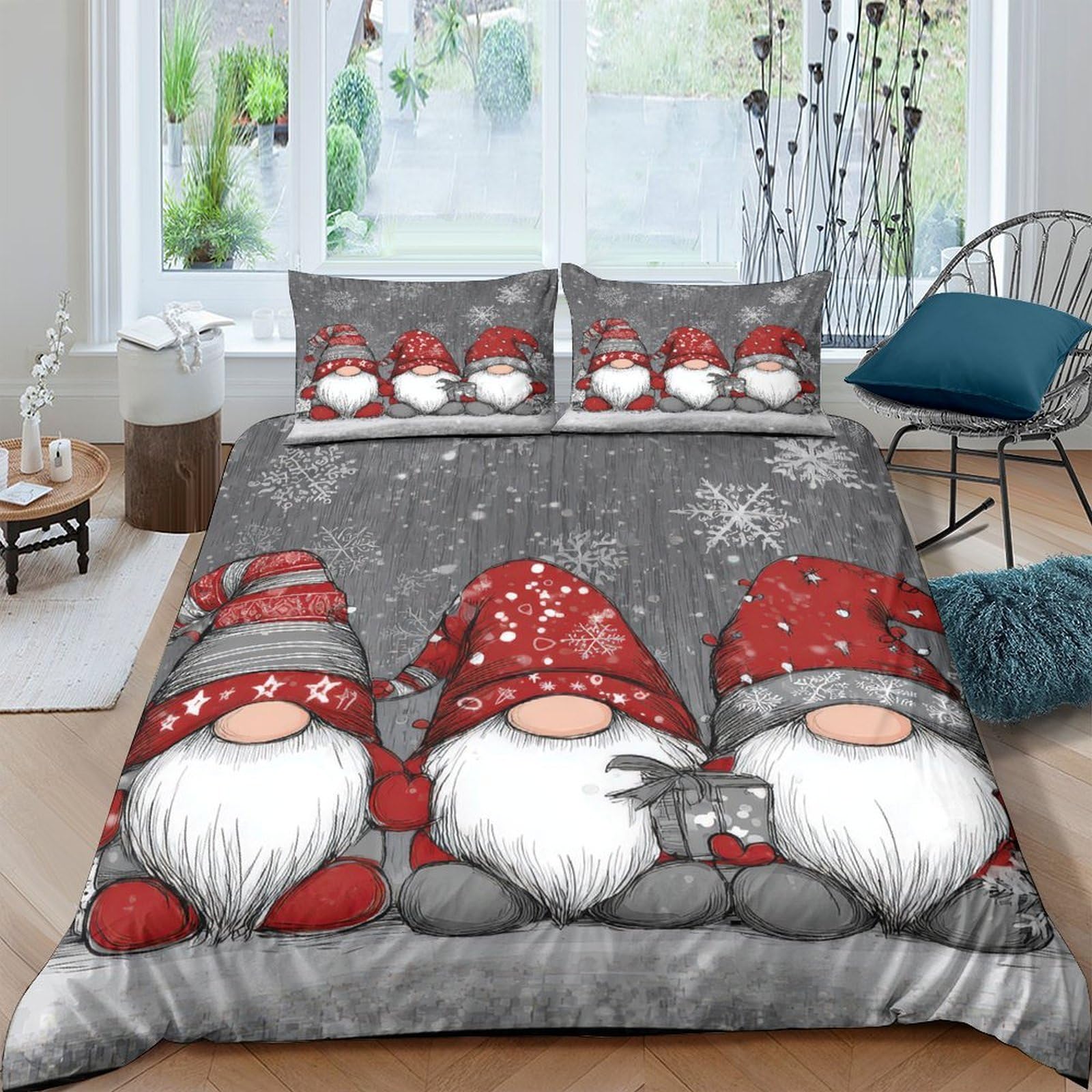 GPLZQXKJNH 3D Printed Christmas Gnome Duvet Cover Microfiber Grey Red Quilt Cover Set with 2 Pillowcases for Bedroom Home Decor Single（135x200cm）
