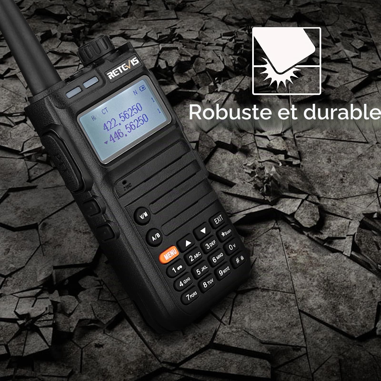 Retevis RA685 Talkie Walkie Double Bande, Lonue Portée Radio Bidirectionnelle pour Adultes, 5W 1800mAh, Lampe de Poche, Portable Ham Rechargeable Talkie Walkie pour Débutants, Chasse (Noir, 1Pcs)