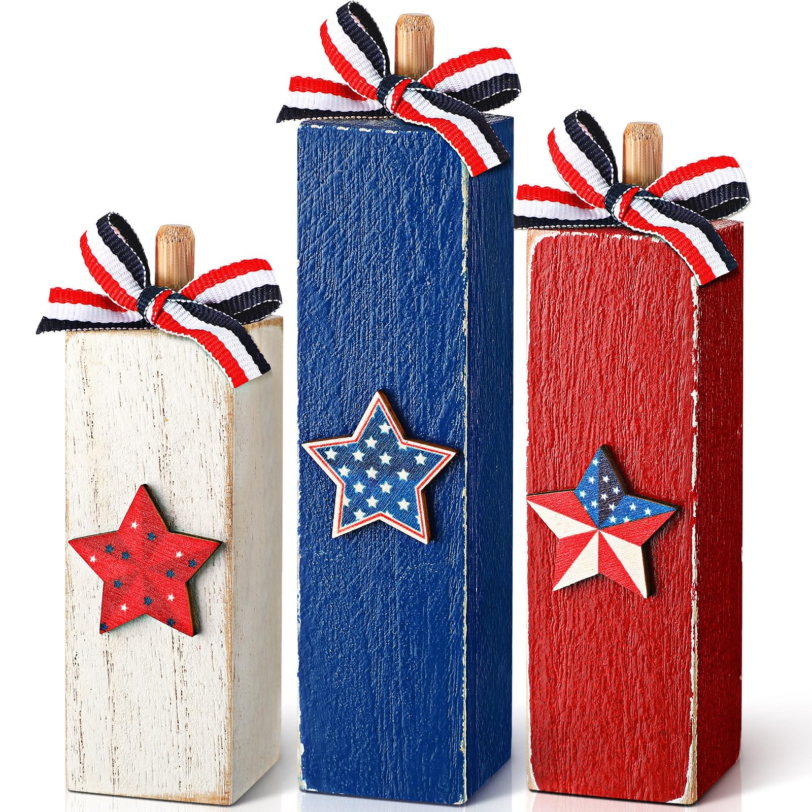 BBTO 3 Pcs 4th of July Decorations Set Patriotic Wooden Firework Tiered Tray Decor Red White Blue Memorial Day Table Centerpieces for 250th
