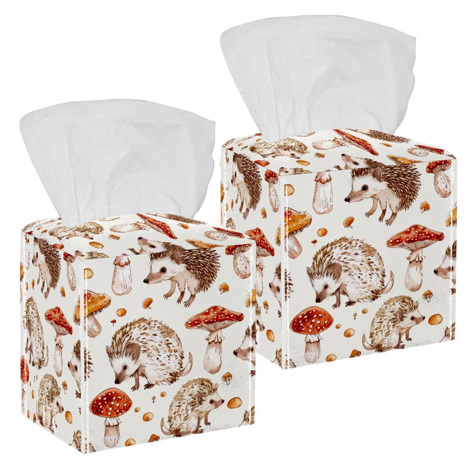Hedgehog Mushrooms Tissue Box Cover, 2 Pack PU Leather Square Facial Tissue Dispenser Box holder for Home Office Car
