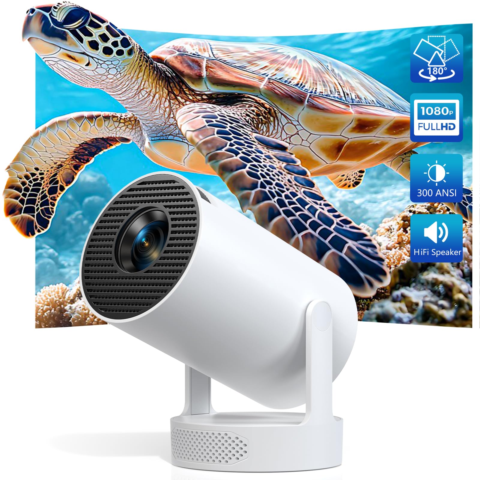 Proyector Inteligente Android 11, Mini proyector portátil FHD 1080P con Soporte 4K, 300 lúmenes ANSI, Altavoz HiFi, WiFi 6 & Bluetooth 5.0, para Dormitorio y Cine en casa