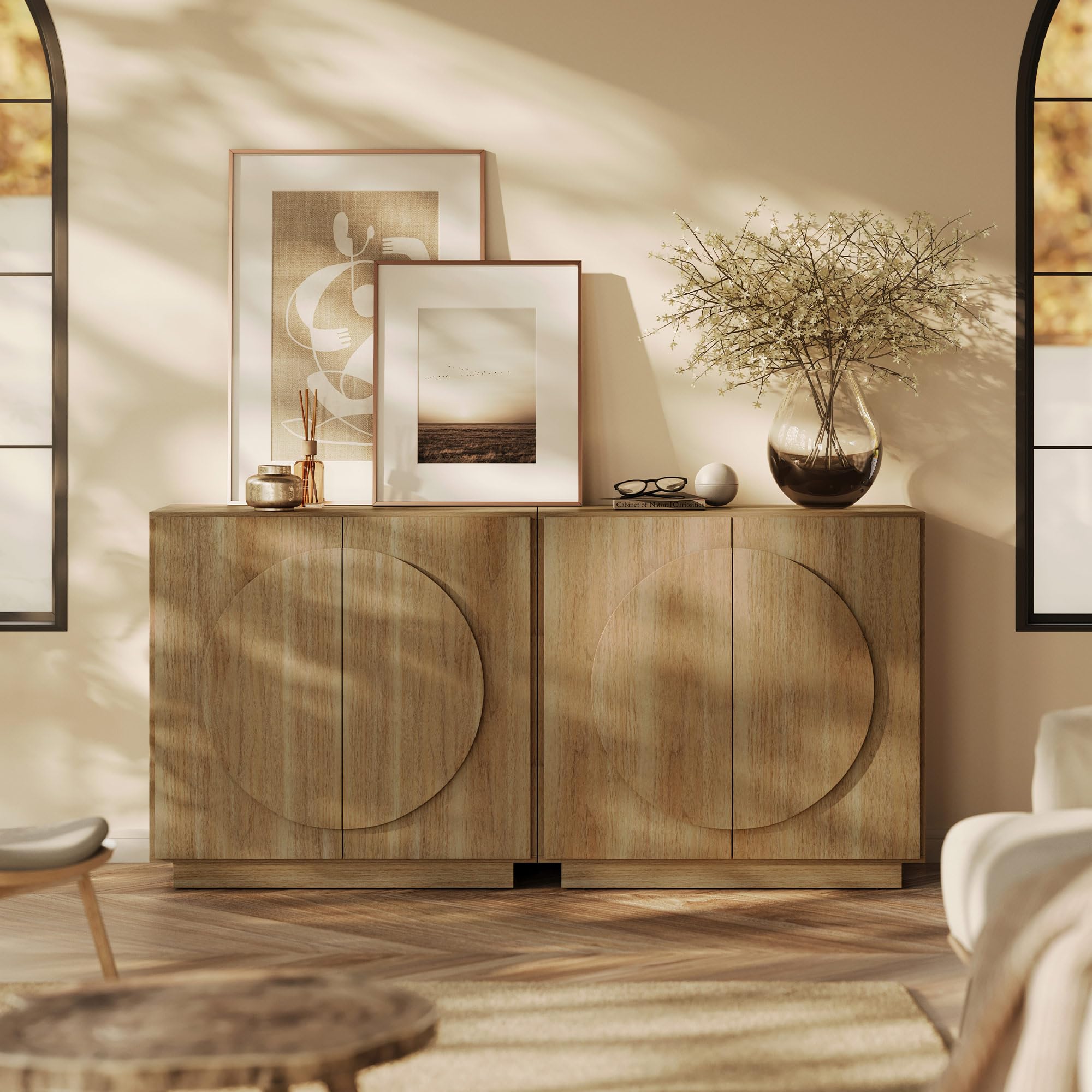 BELLEZE Modular Buffet Cabinet with Storage,Mid Century Modern Arched Sideboard with Adjustable Shelf & Symmetrical Doors,Credenza for Entryway