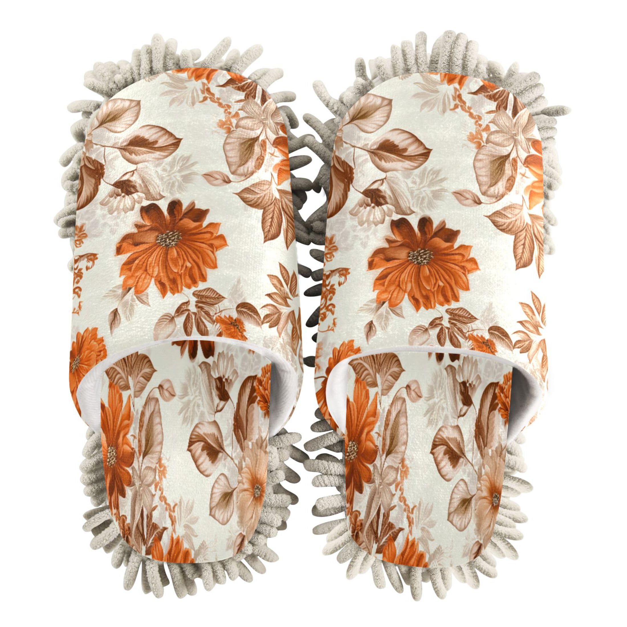Kigai Orange Beige Flowers Mop Slippers for Floor Cleaning, Slippers for Women Men, Microfiber Floor Cleaning, M