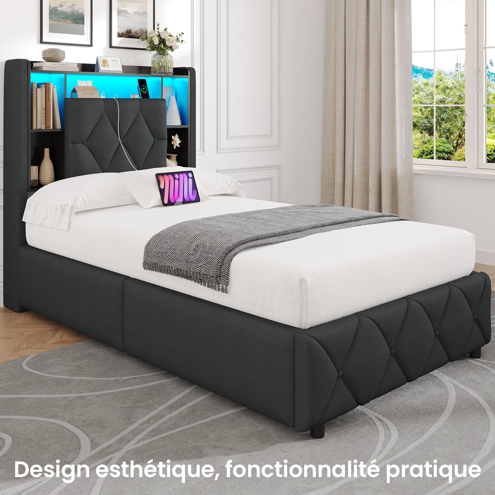 Brinlawb Lit Coffre 90x190 cm avec Éclairage LED et Multiprise, Tête de Lit Capitonnée avec Rangement Caché et Étagères Ouvertes, Lit 90x190 avec Sommier, Système Hydraulique, Lit 1 Personne, Gris